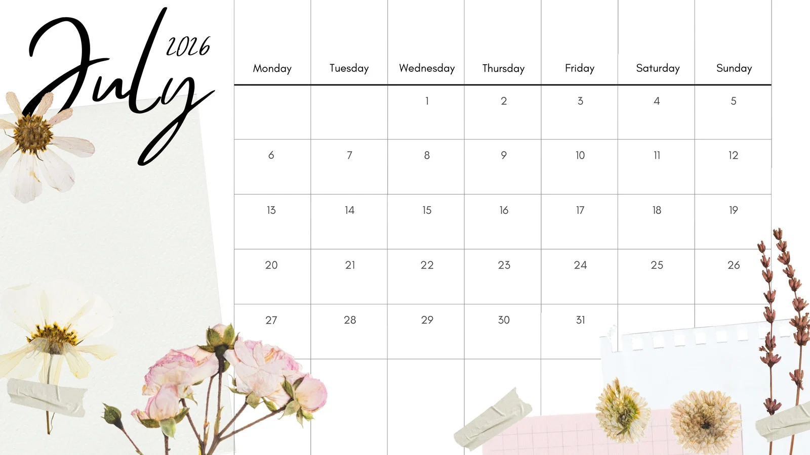 printable, custom July 2026 calendar