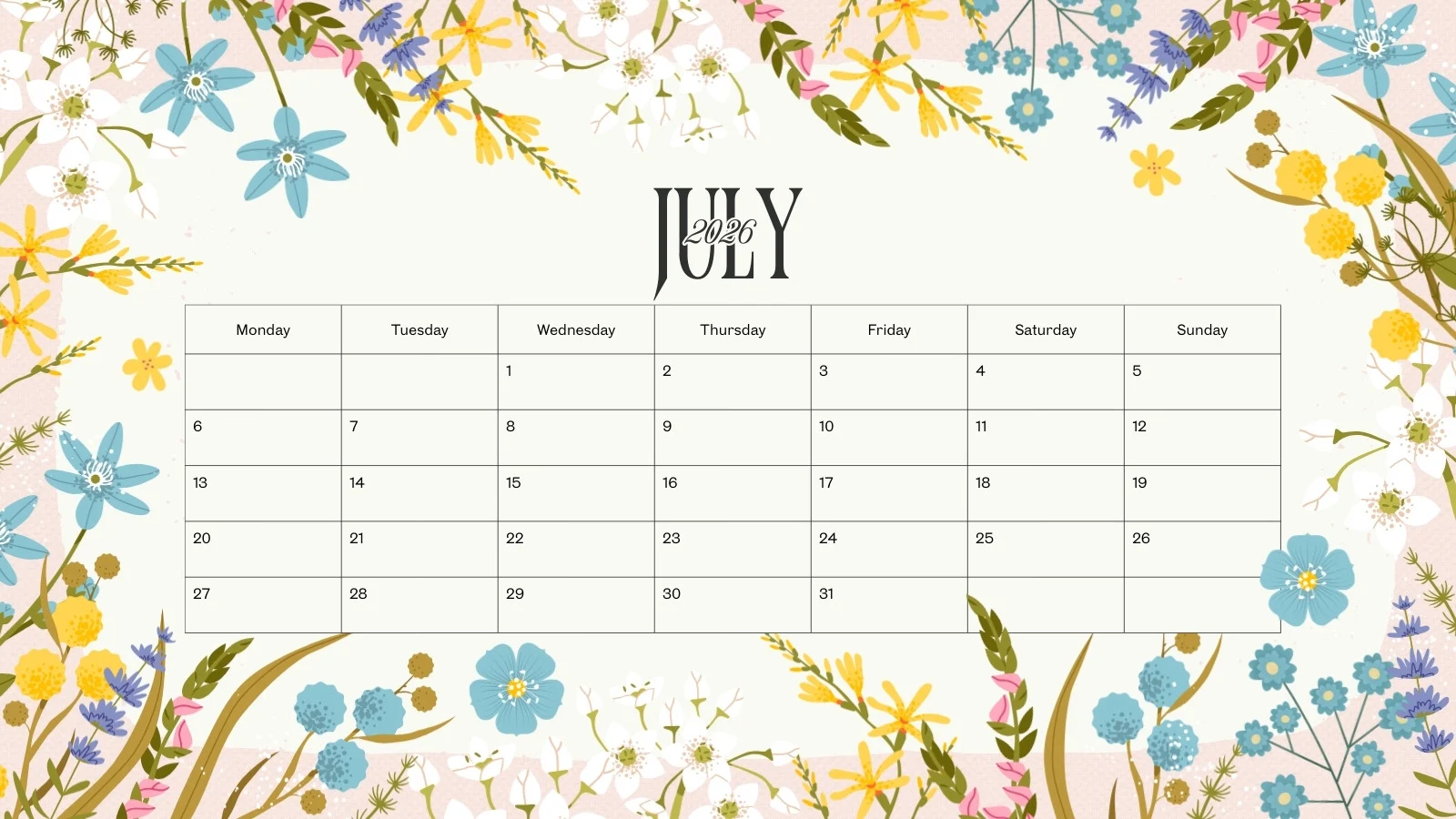 printable, custom July 2026 calendar