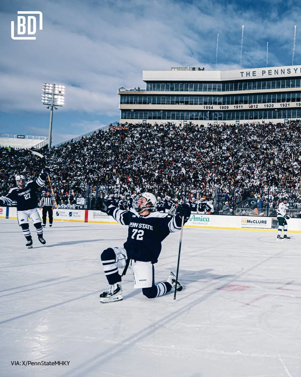 Gavin McKenna celly in front of 74,575 people for the Penn State vs. Michigan State men's hockey game at Beaver Stadium