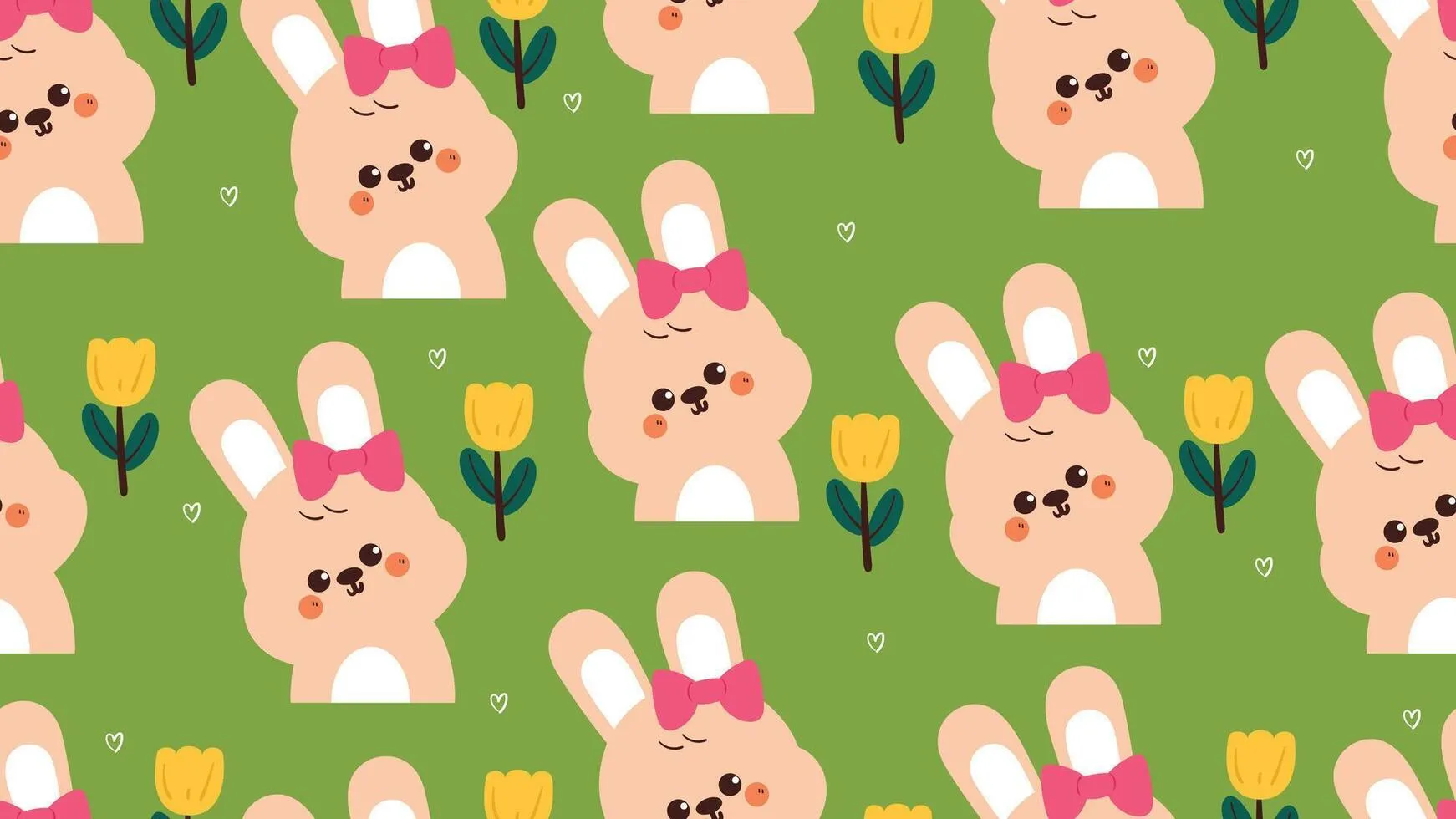 cute seamless pattern cartoon bunny wearing pink ribbon with yellow tulip. cute animal background pattern for desktop wallpaper