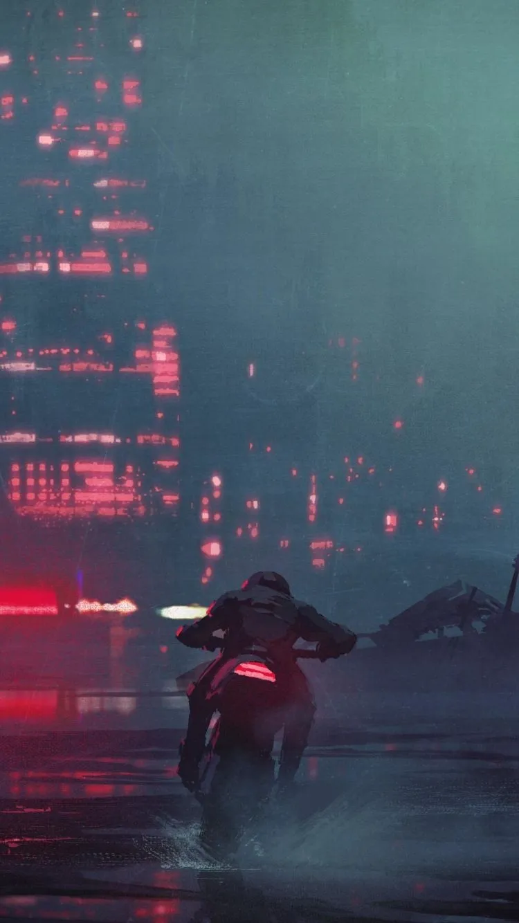 Phone wallpaper: Sci Fi, City, Futuristic, Vehicle, Motorcycle, Night 1369028