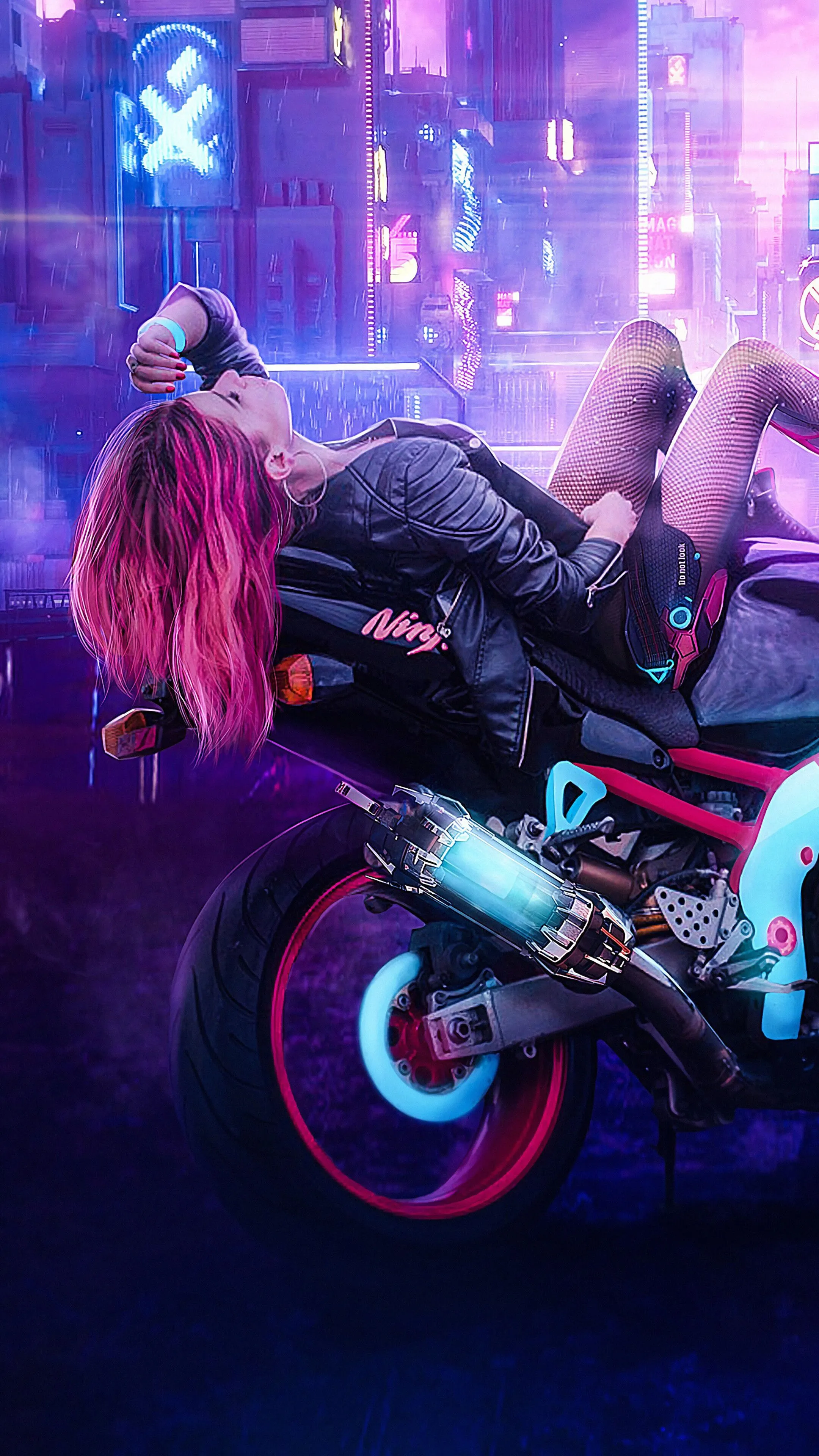 Cyberpunk, Girl, Motorcycle, 4K HD Phone Wallpaper