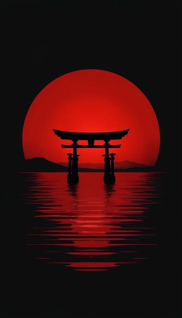 Minimalist Torii Gate Silhouette Against Red Sun Mobile Wallpaper