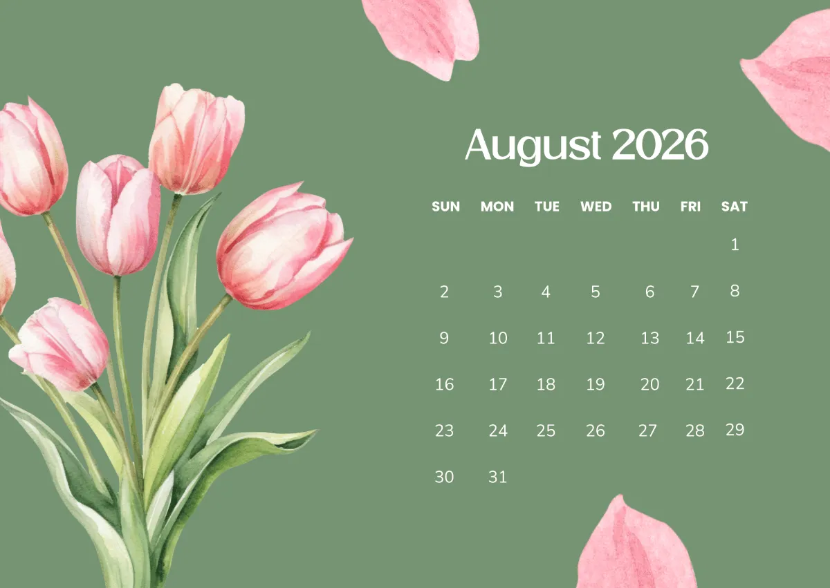 Free Pink Green August 2026 Calendar to Edit Online