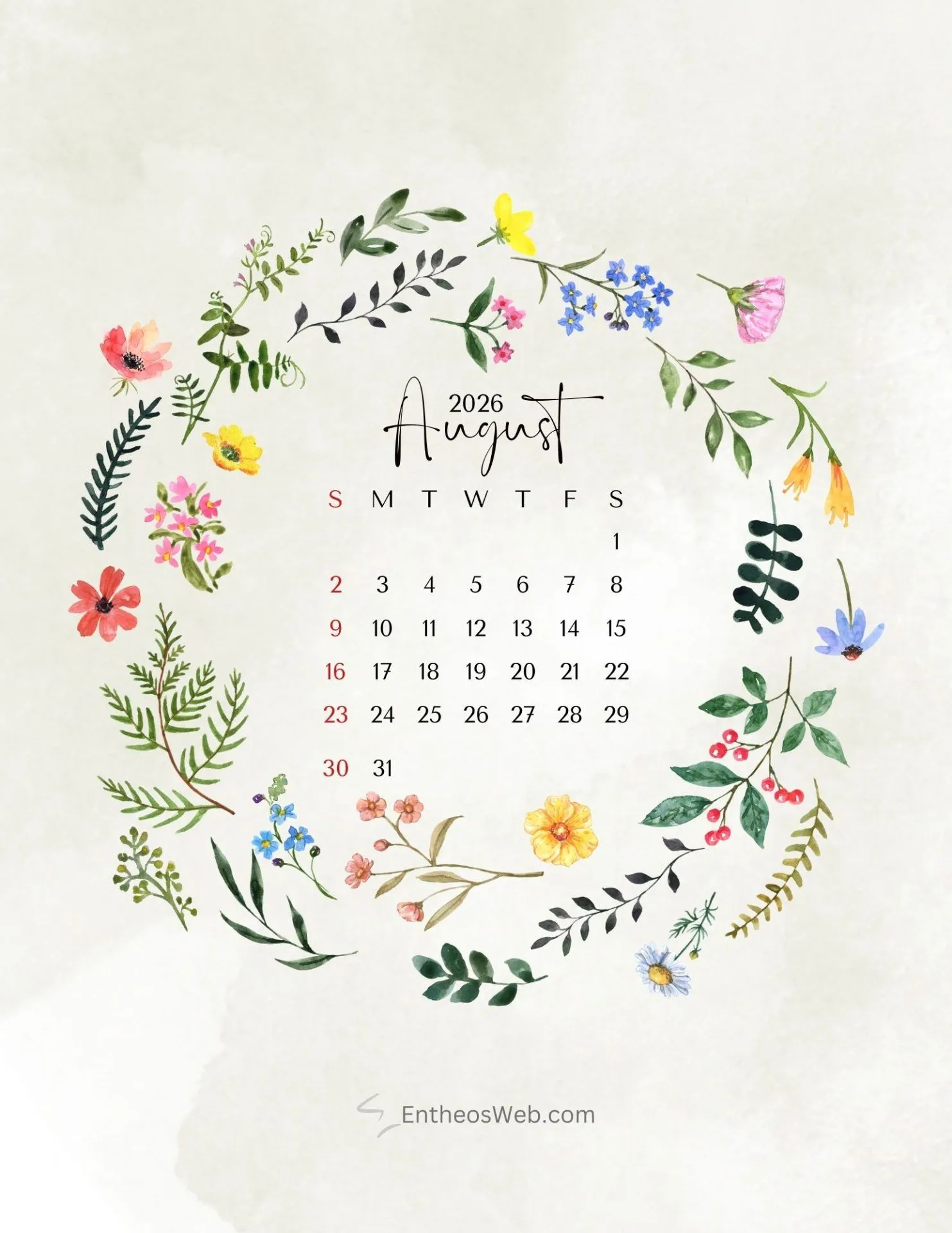 August 2026 Calendar Printables