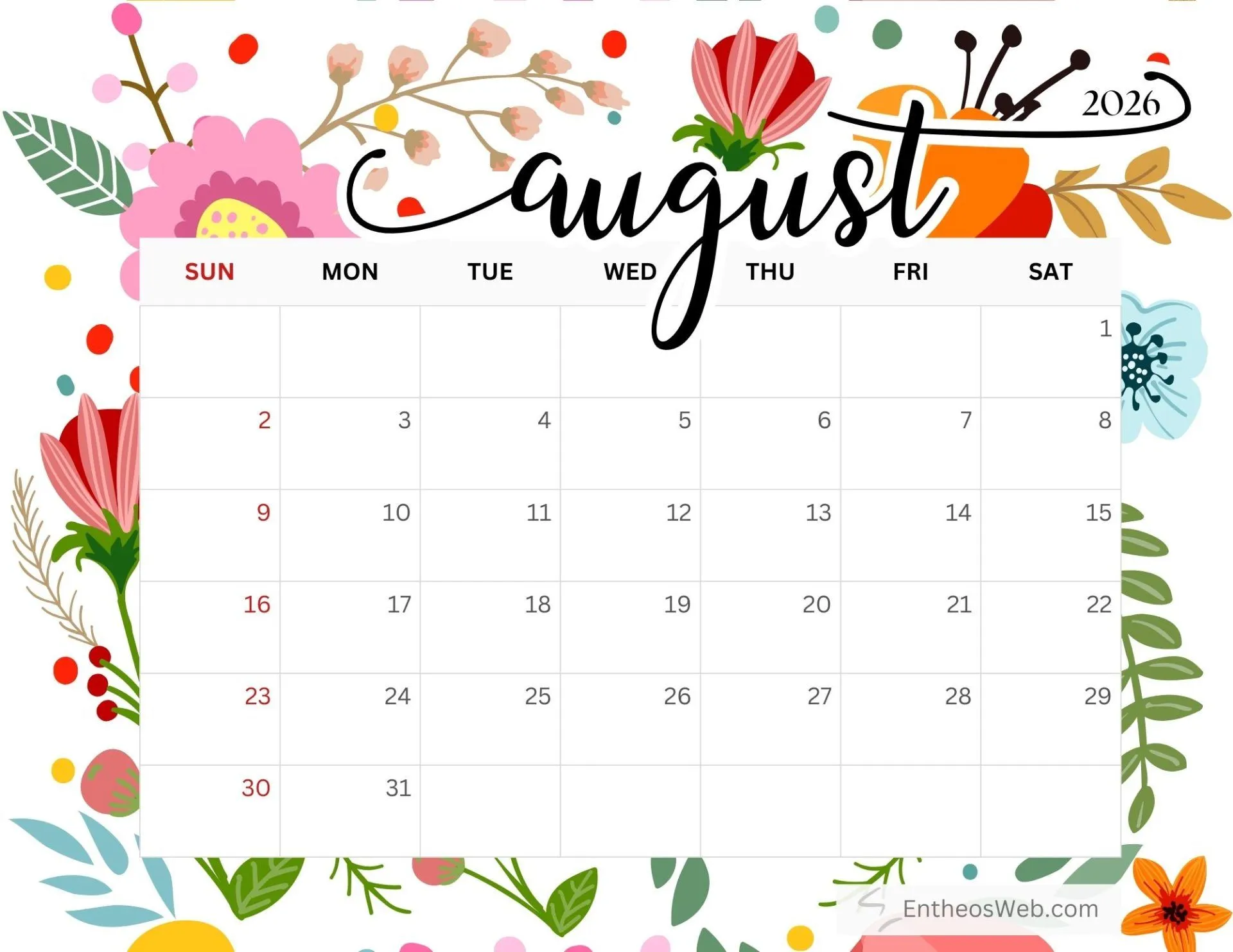 August 2026 Calendar Printables