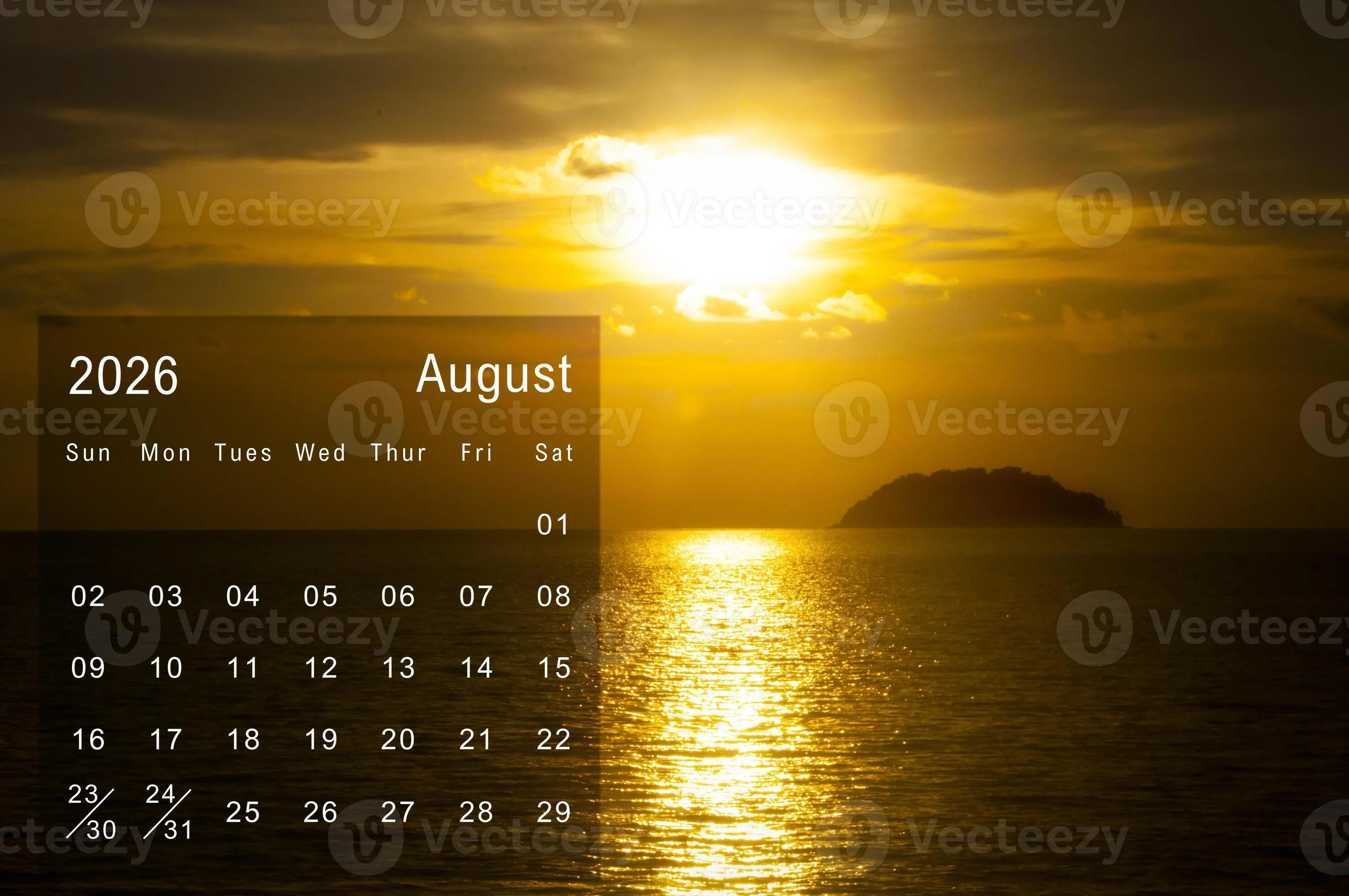 August 2026 Calendar with beautiful evening view of beach. Calendar and sea view concept