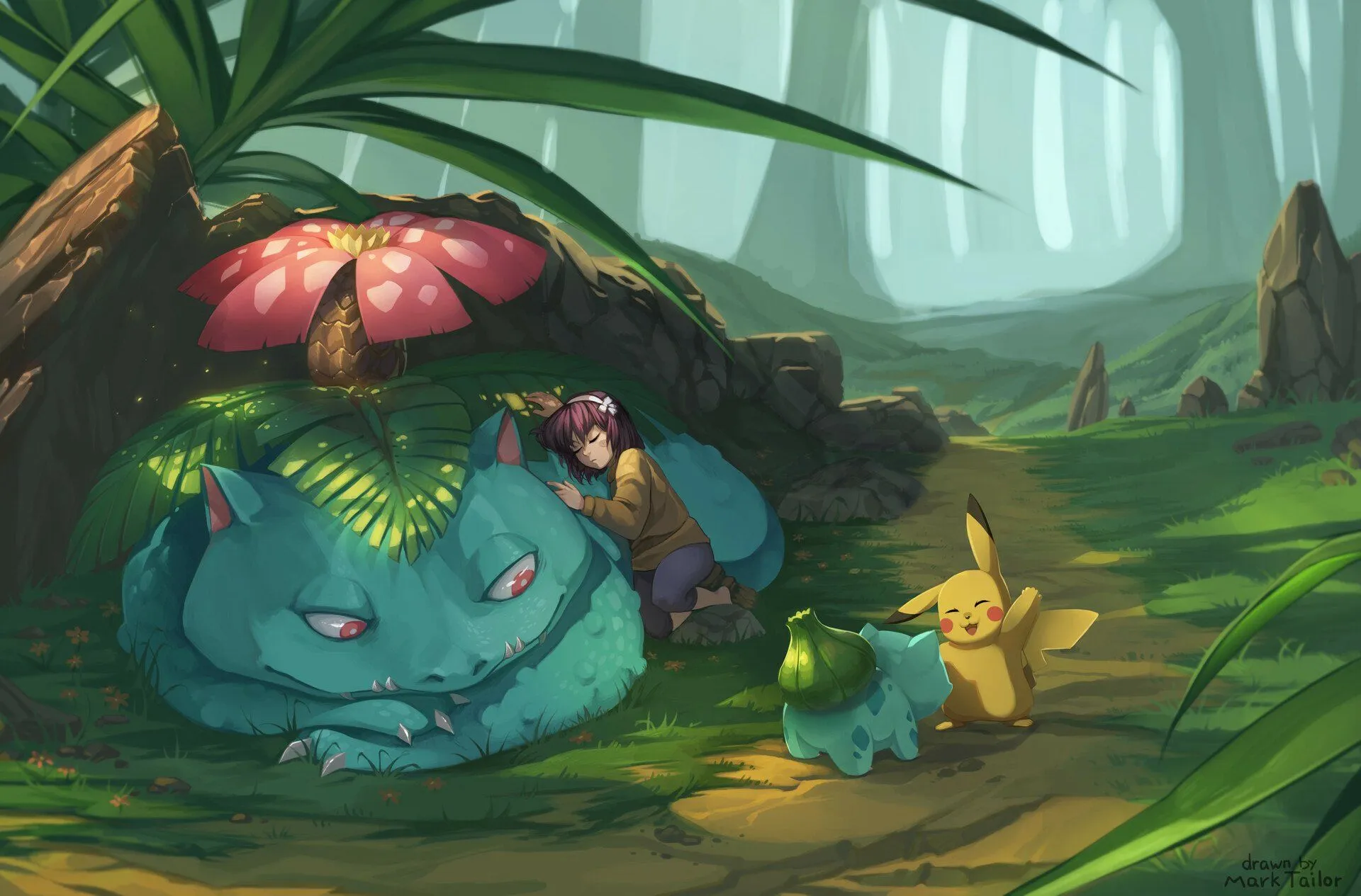 Pokémon Adventure HD Wallpaper: Bulbasaur, Venusaur & Pikachu