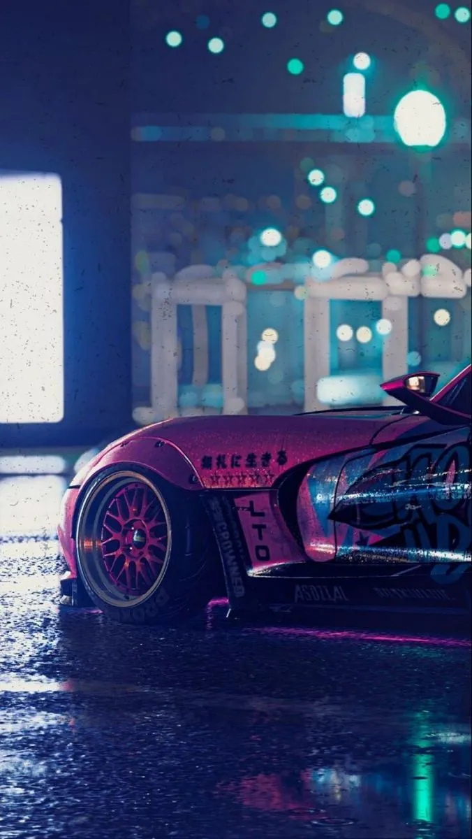 Red Car with Graffiti Parked in the Rain at Night. Drift viper, Nfs heat wallpaper 4k, Street racing cars