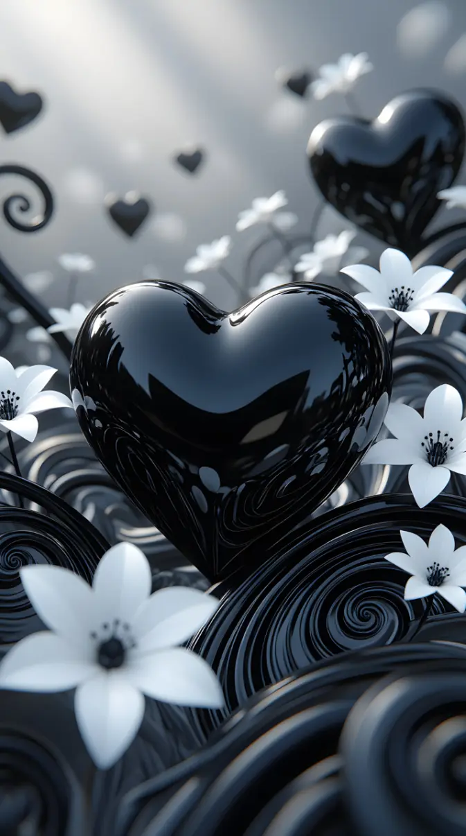 black hearts and white flowers wallpaper