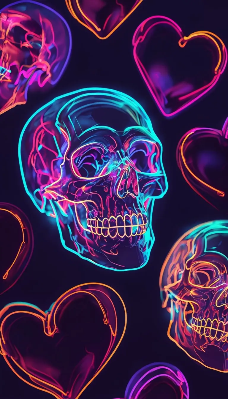 Vibrant Neon Skull and Heart Digital Art Mobile Wallpaper