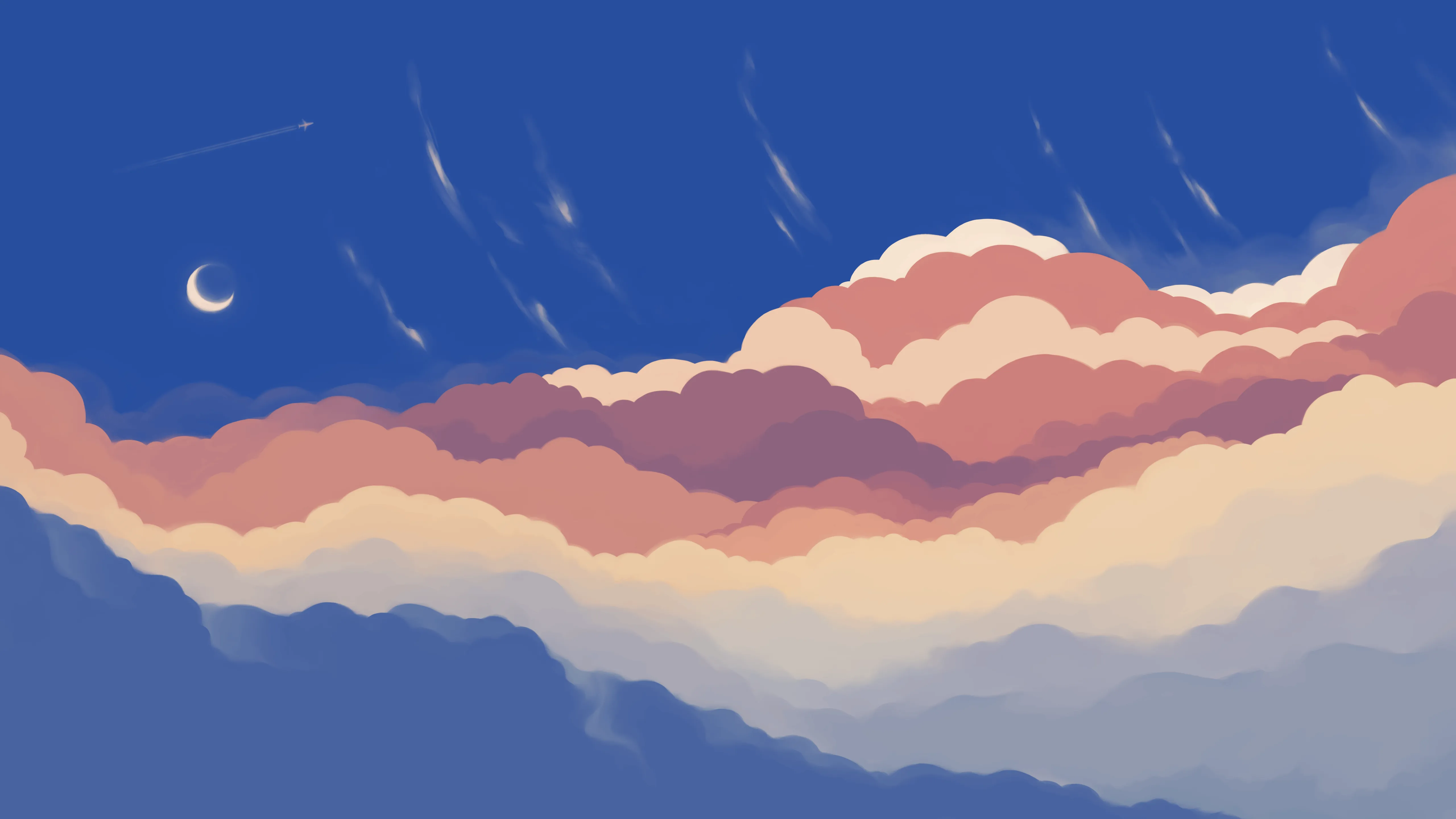 Blue Sky Wallpaper 4K, Crescent Moon, Half moon, Clouds