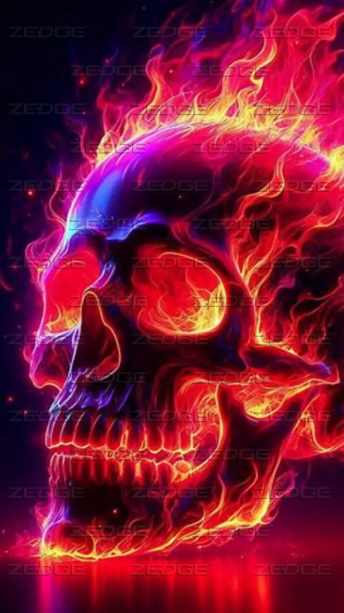 Flaming Skull, Fiery Neon Style, Intense Dark Mood, Mobile Wallpaper wallpaper