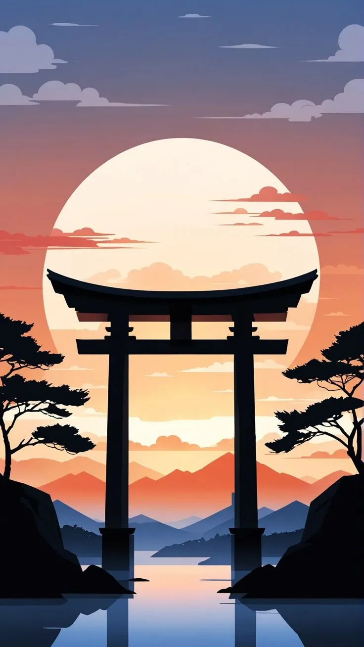 Japanese arch at sunset, torii gate wallpaper, minimalist landscape