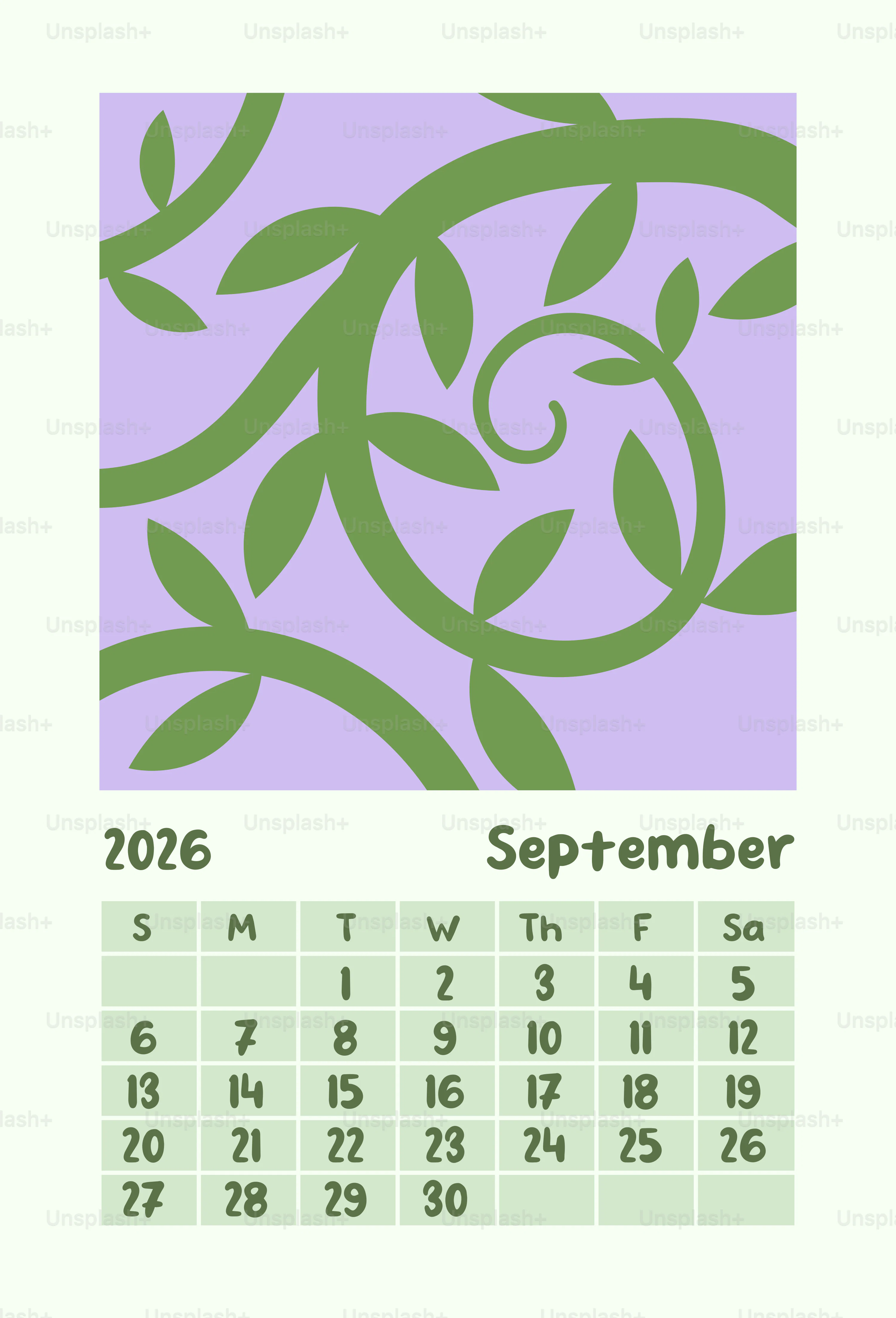 September 2026 calendar with floral design Illustration+