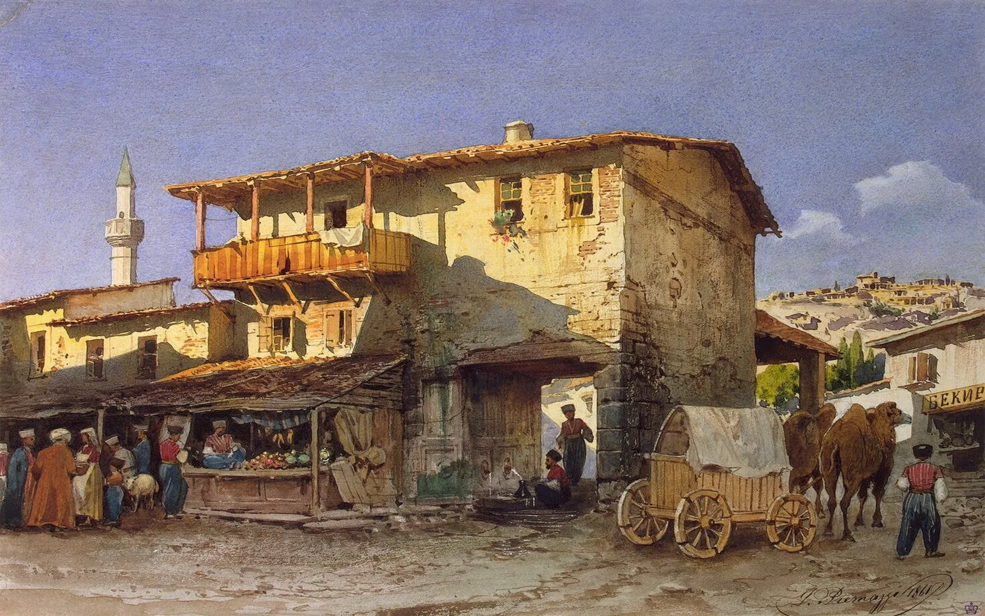 Artistic Oil Painting: HD Wallpaper of a Vibrant Market Scenex1200