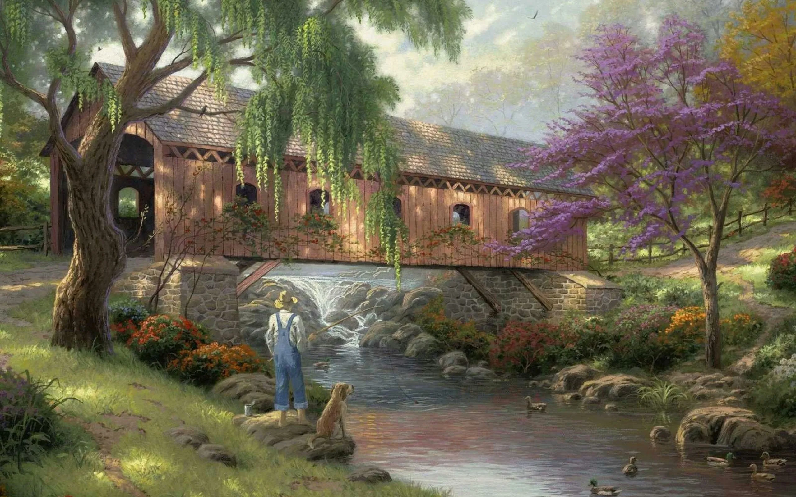 Wallpaper dog, bridge, river, duck, art, river, Thomas Kinkade, bridge for mobile and desktop, section живопись, resolution 2560x1600