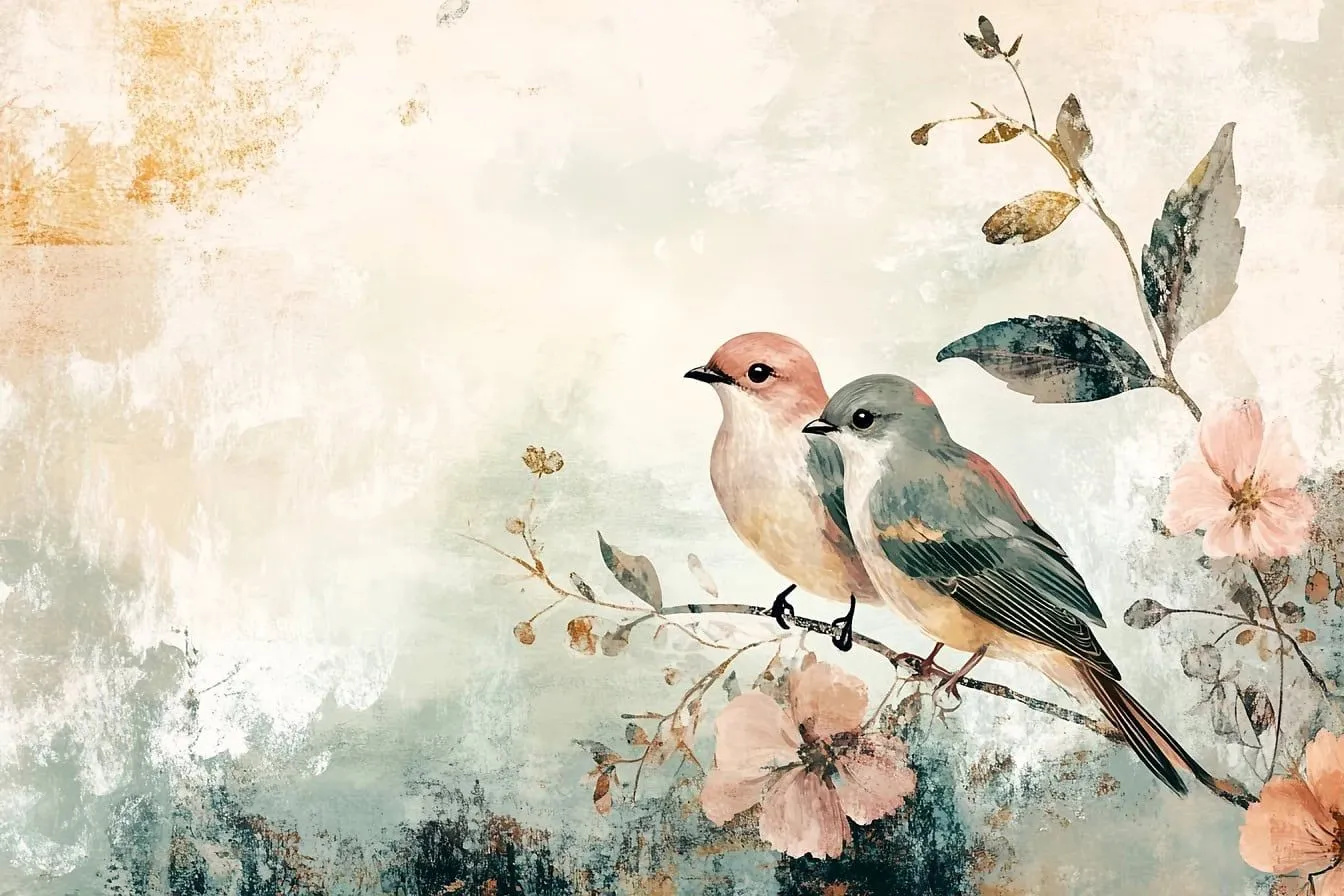 Free picture: Pastel nature artwork, birds on a blooming branch with a soft abstract background in natural tones