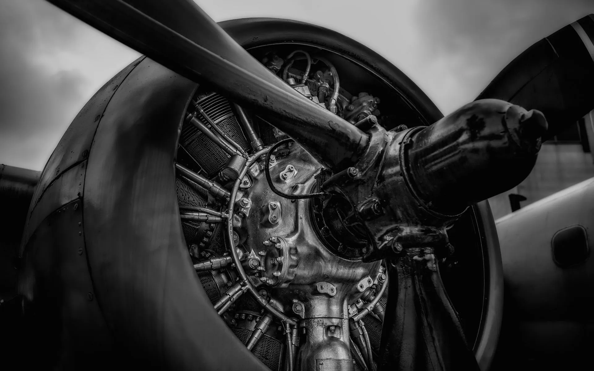Black airplane grayscale photo, star engine, vehicle, monochrome, machine HD wallpaper