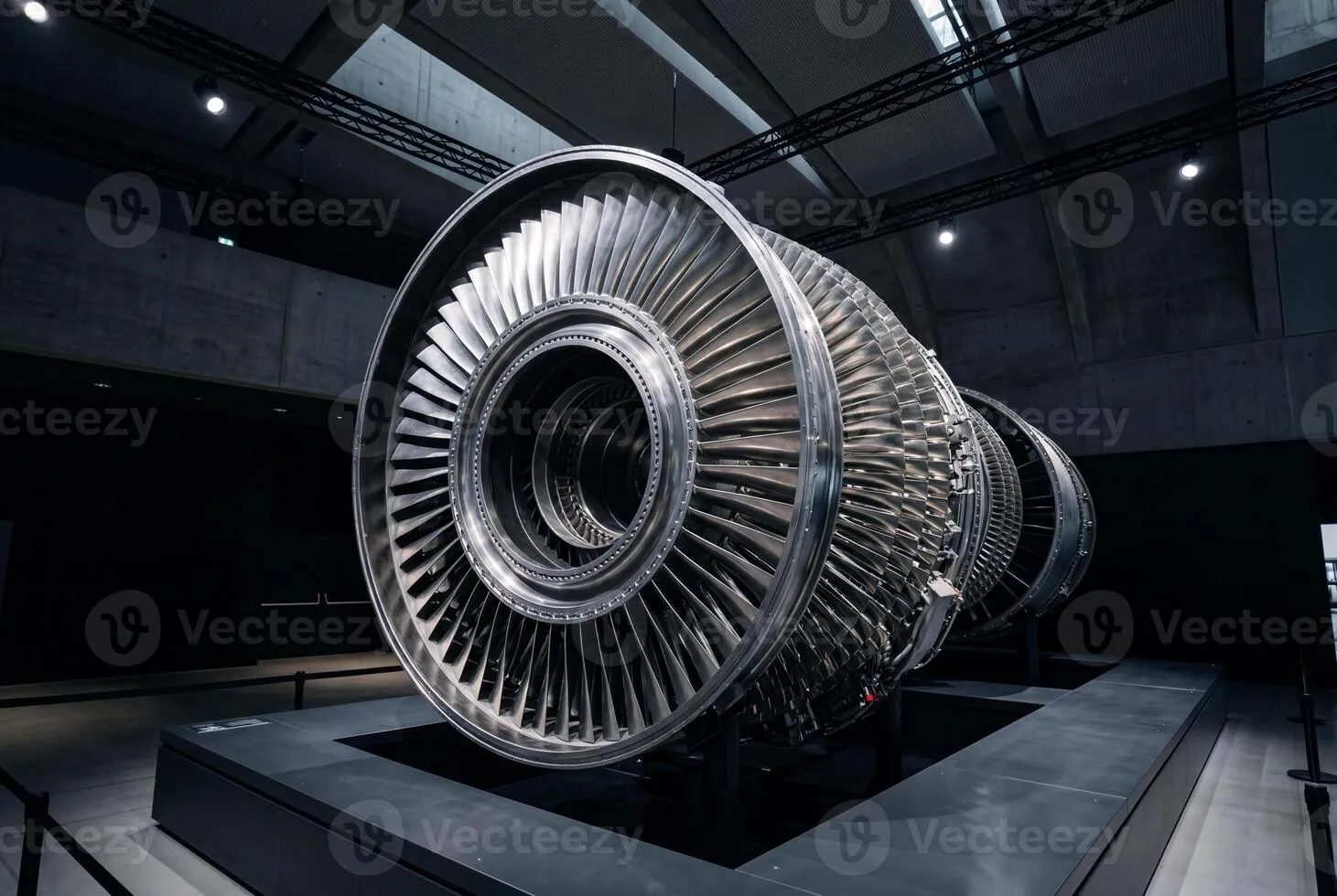 Sleek metallic compressor fan blades of a massive jet engine displayed in a dark exhibition hall