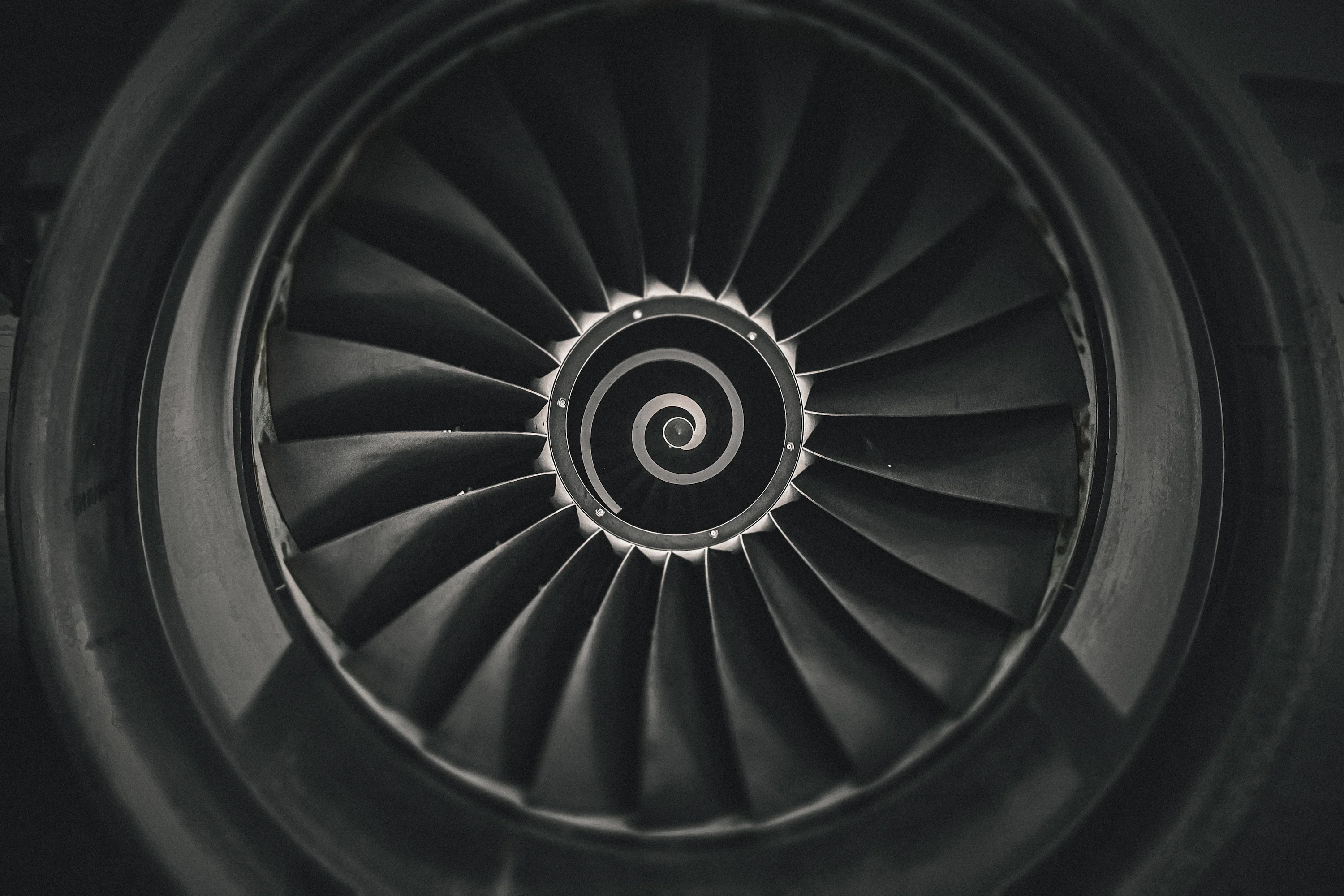 A black and white photo of a jet engine