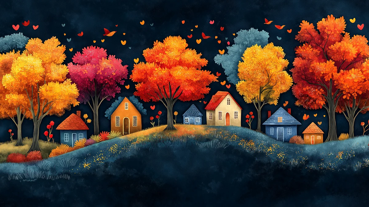 Whimsical Autumn Village at Night Mural Wallpaper