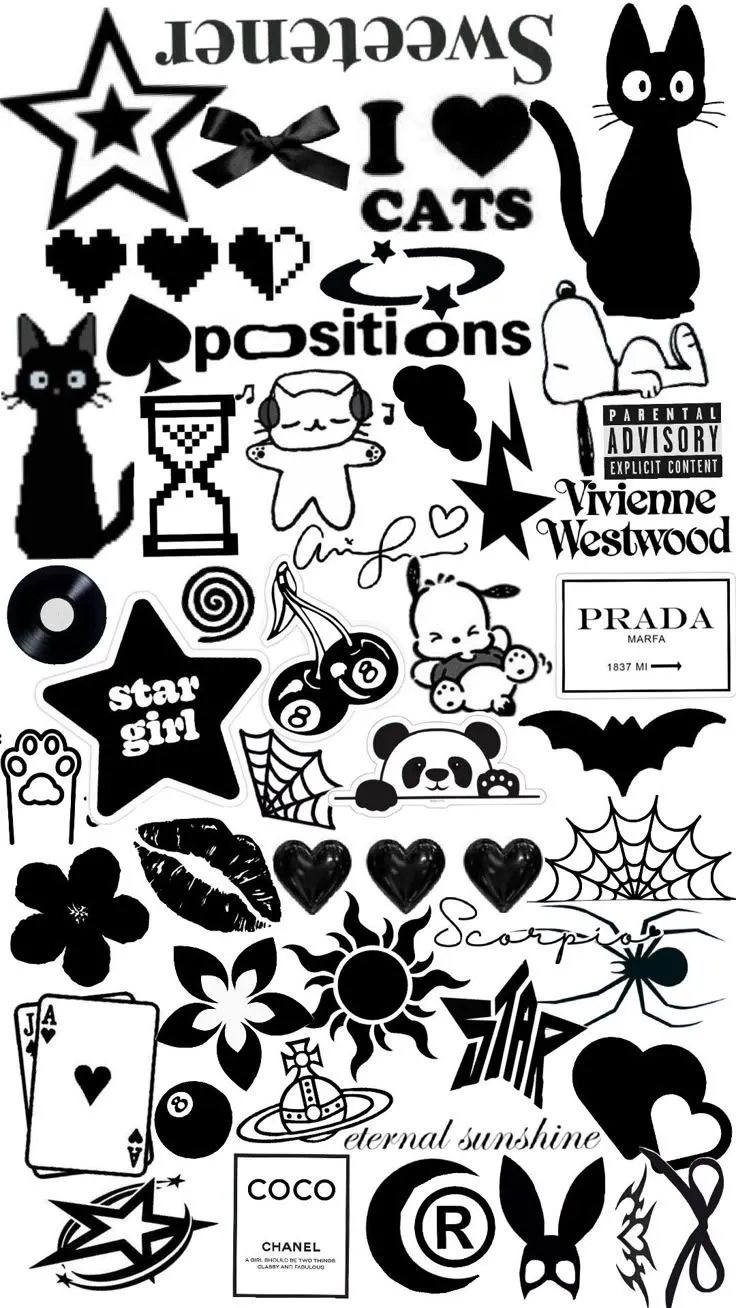 black and white collage [y2k. stickers. stars. Ariana Grande. phonecase. wallpaper]