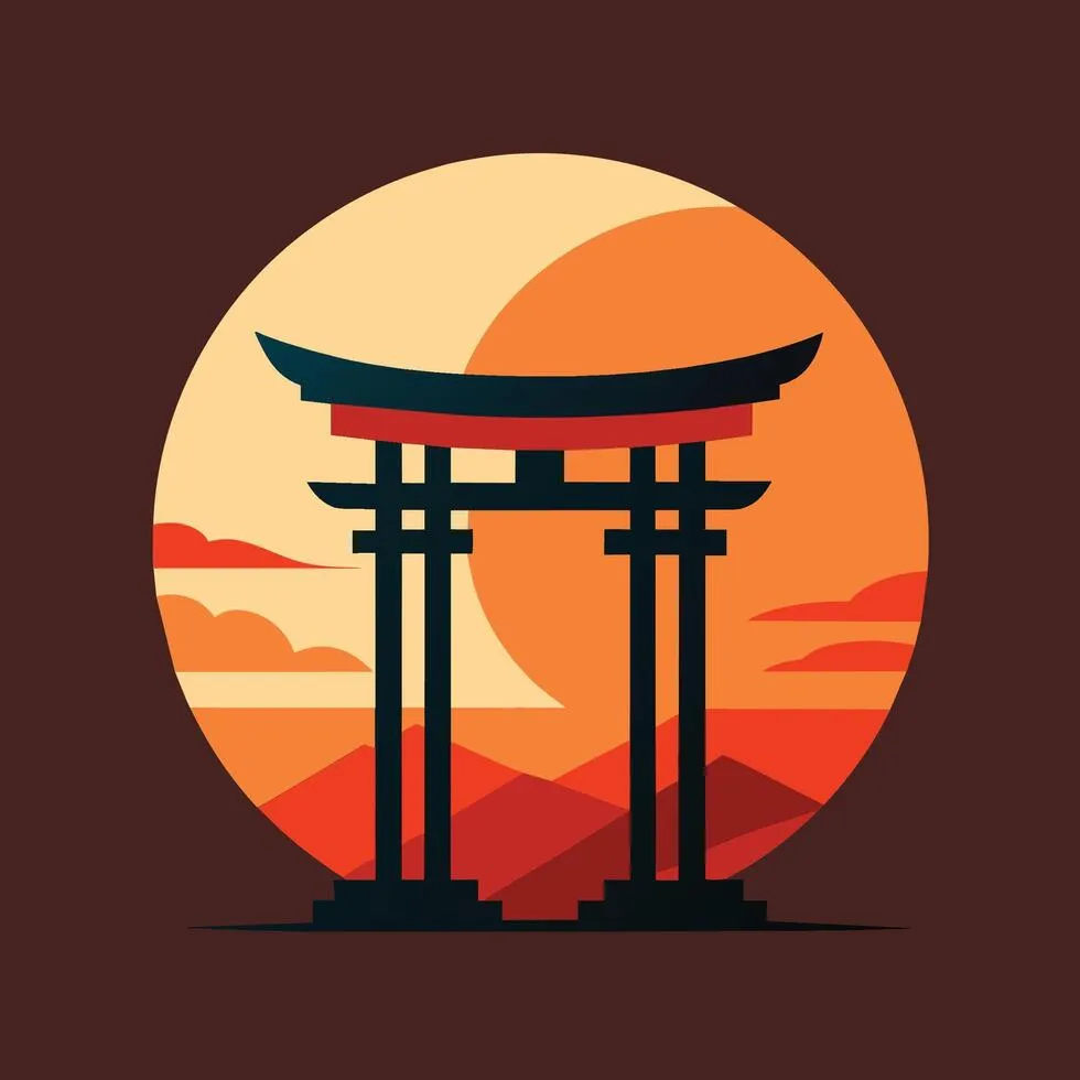 A minimalist illustration of a Japanese torii gate silhouetted against a sunset sky, Japanese Torii Gate Sunset Simple Logo, minimalist simple modern logo design
