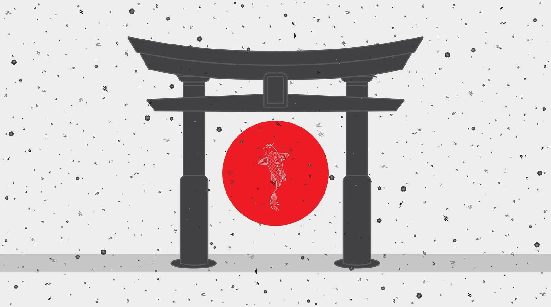 Minimalist Japanese Torii Gate with Koi Fish and Red Sun Illustration for Cultural Background and Poster Design