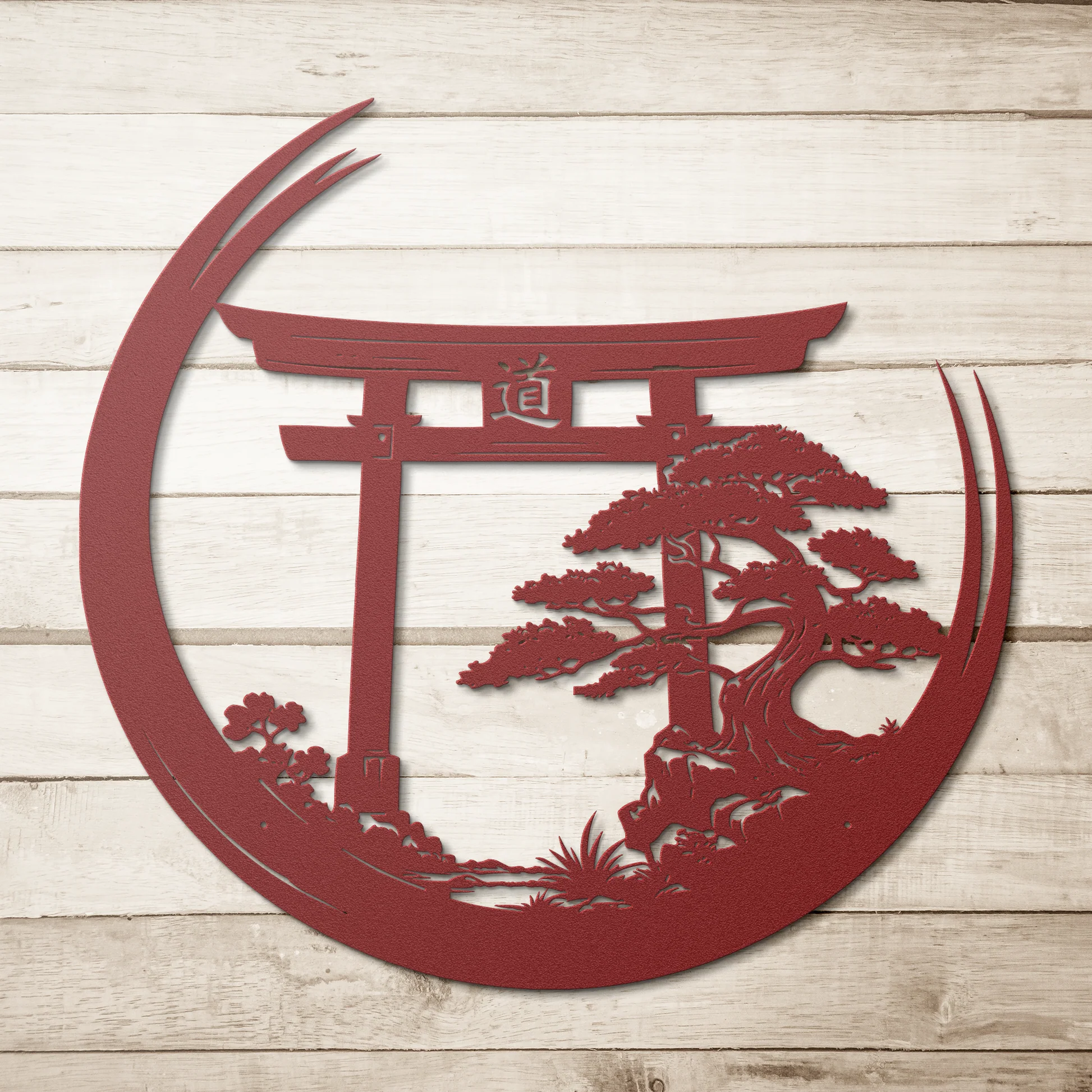 Japanese Torii Gate Metal Wall Art With Bonsai Tree Design. Zen Inspir