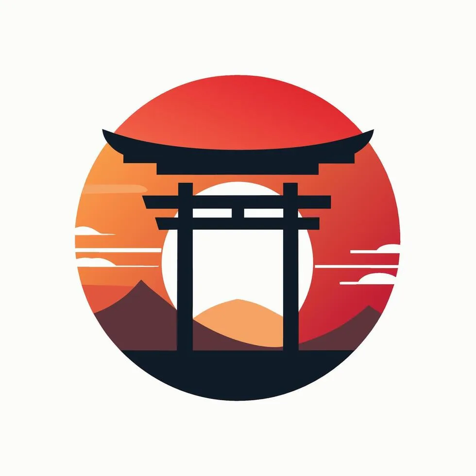A Japanese torii gate stands in stark silhouette against a vibrant sunset sky, Japanese Torii Gate Sunset Simple Logo, minimalist simple modern logo design