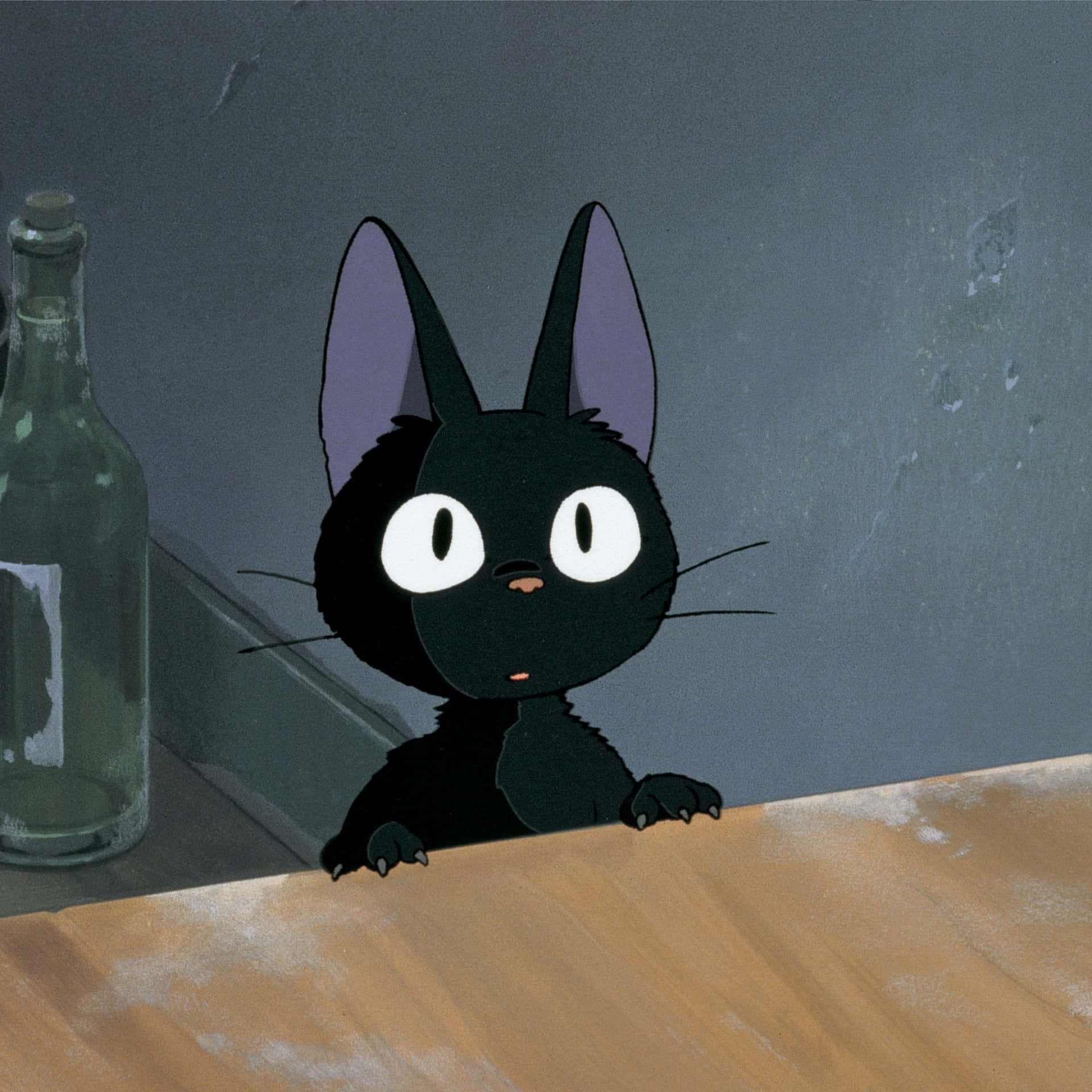 Download Jiji the black cat from Studio Ghibli's Kiki's Delivery Service sitting on a wooden branch Wallpaper