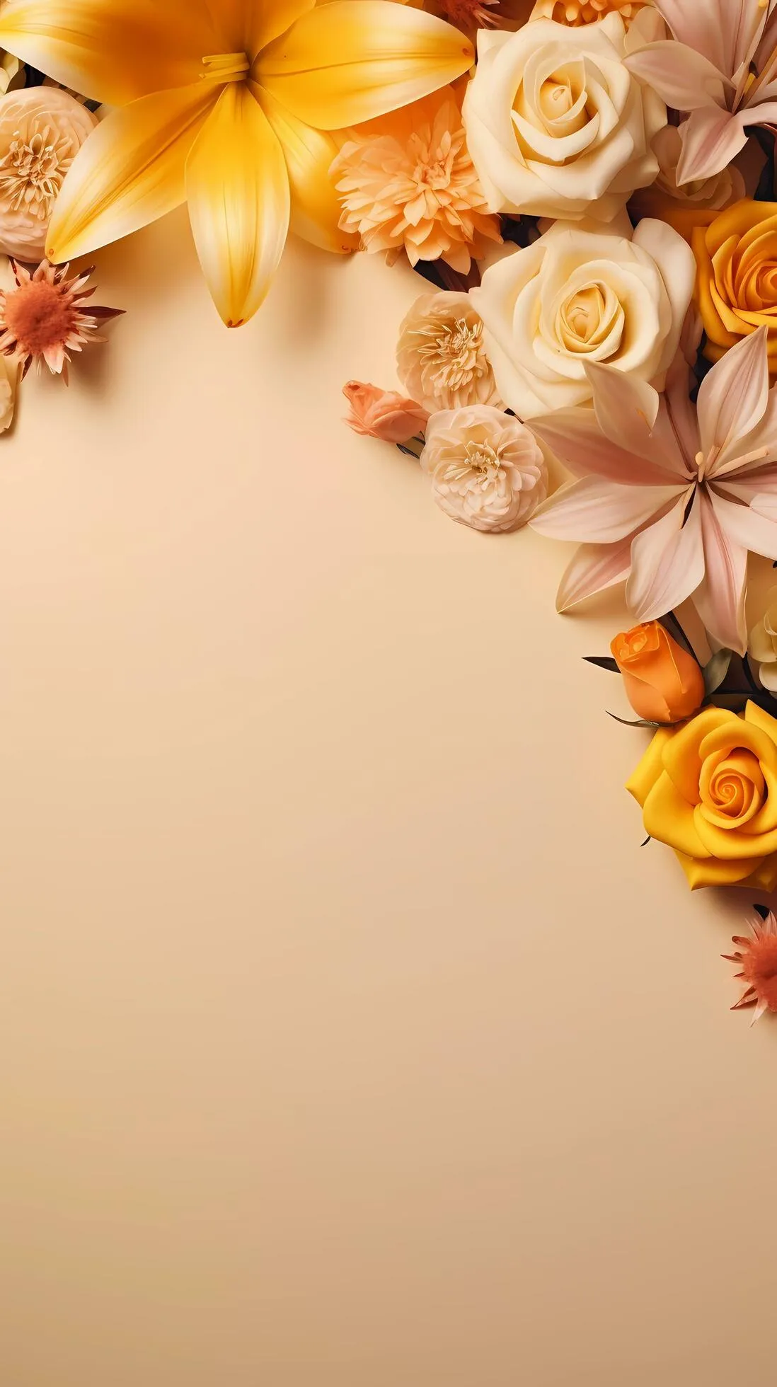 Rose Tulip Sunflower Orchid Lily roses flowers pattern on soft brown background, top view with space for text, minimalism, Vertical Form