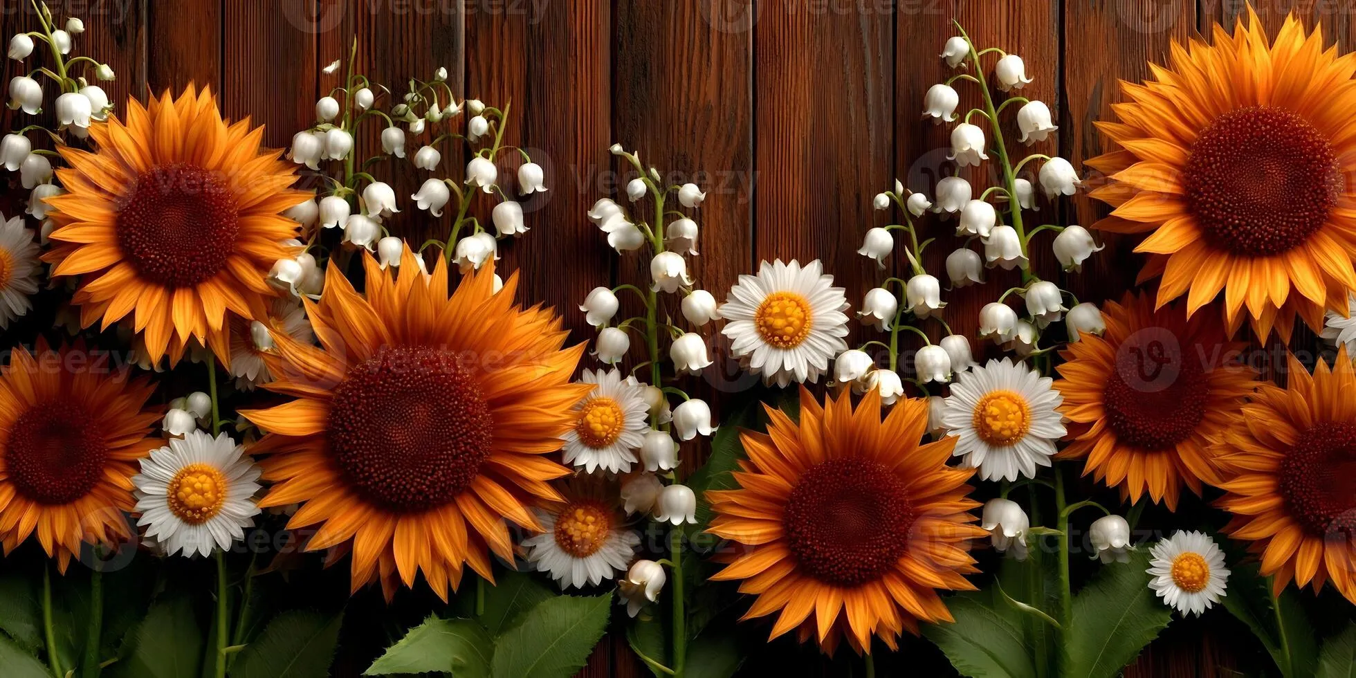 Vibrant sunflowers lily of the valley and white daisies create a lovely floral border against a rustic wood background