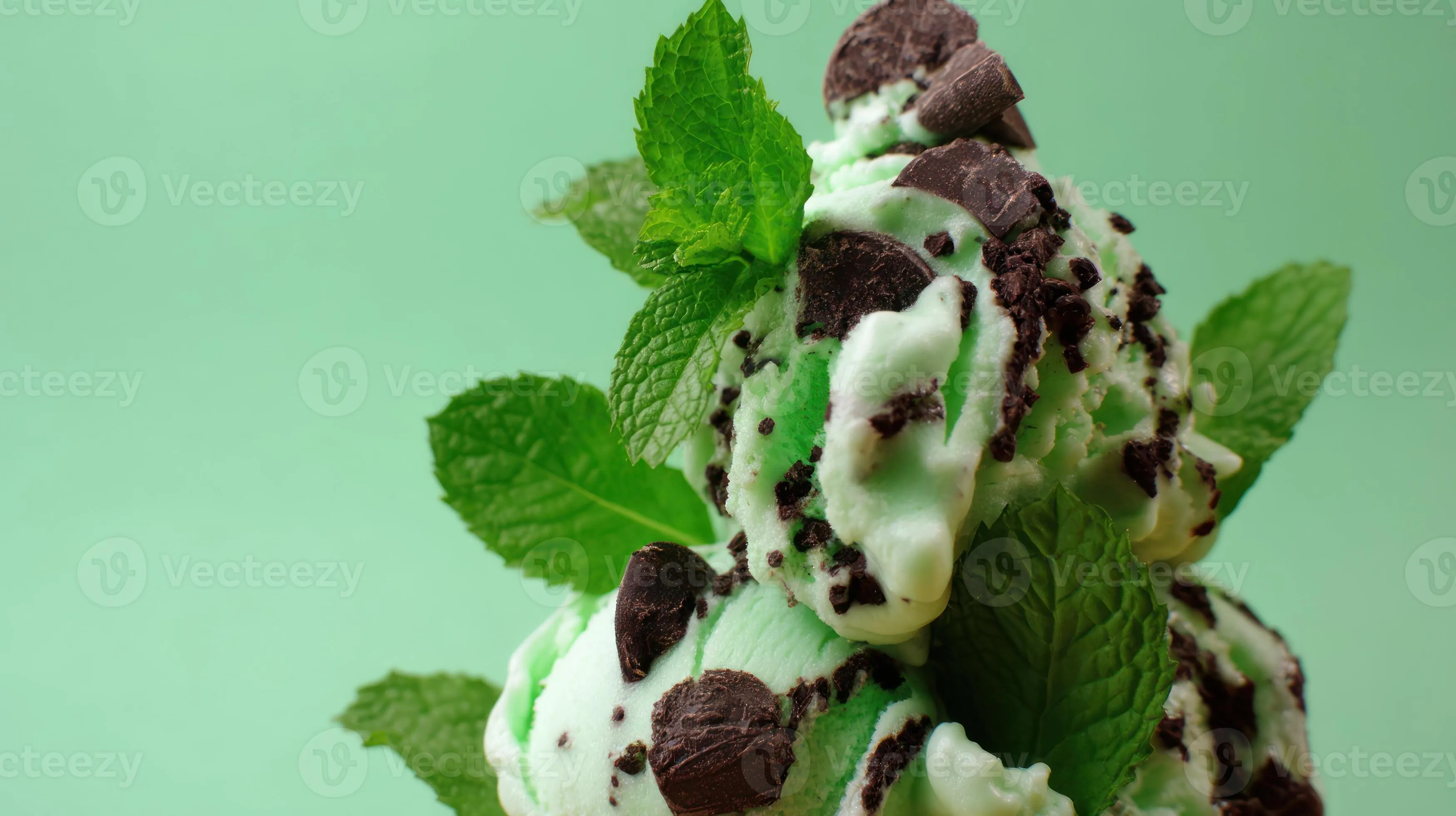 Mint chocolate chip ice cream with fresh mint leaves on green backdrop