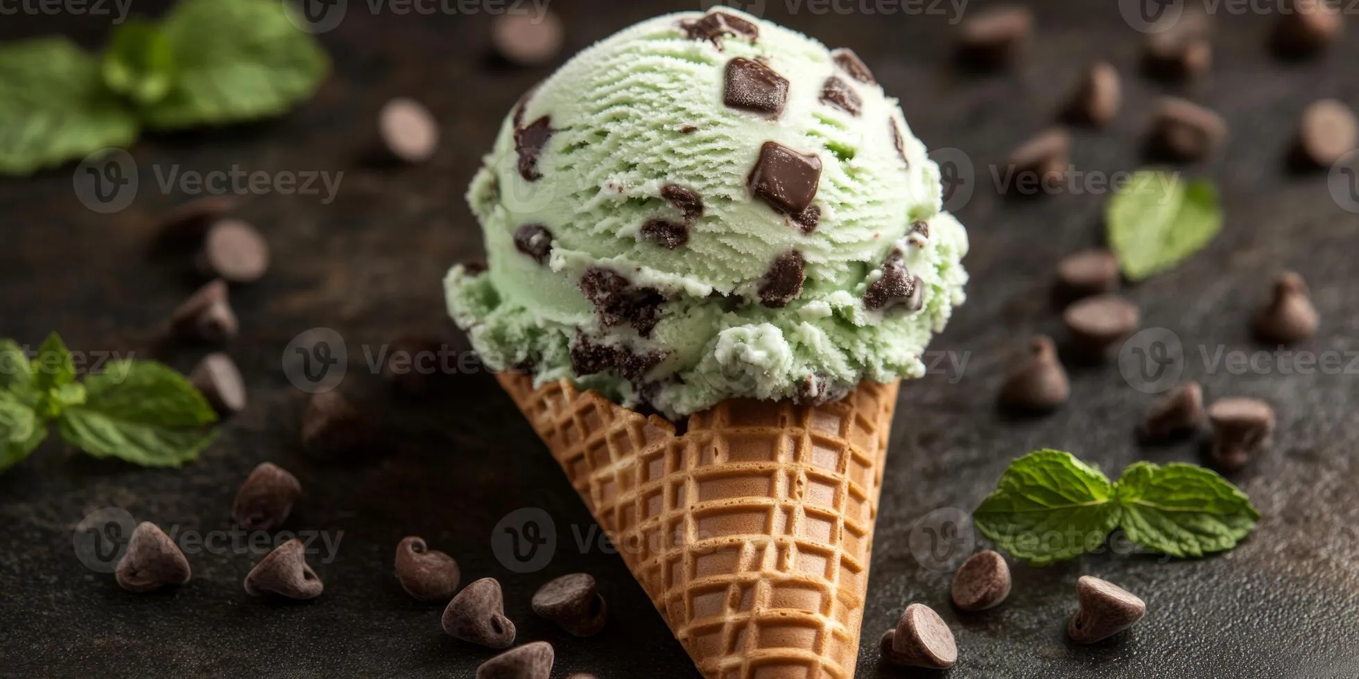 Mint chocolate chip ice cream cone with chocolate chips and mint leaves inviting summer indulgence in a playful atmosphere