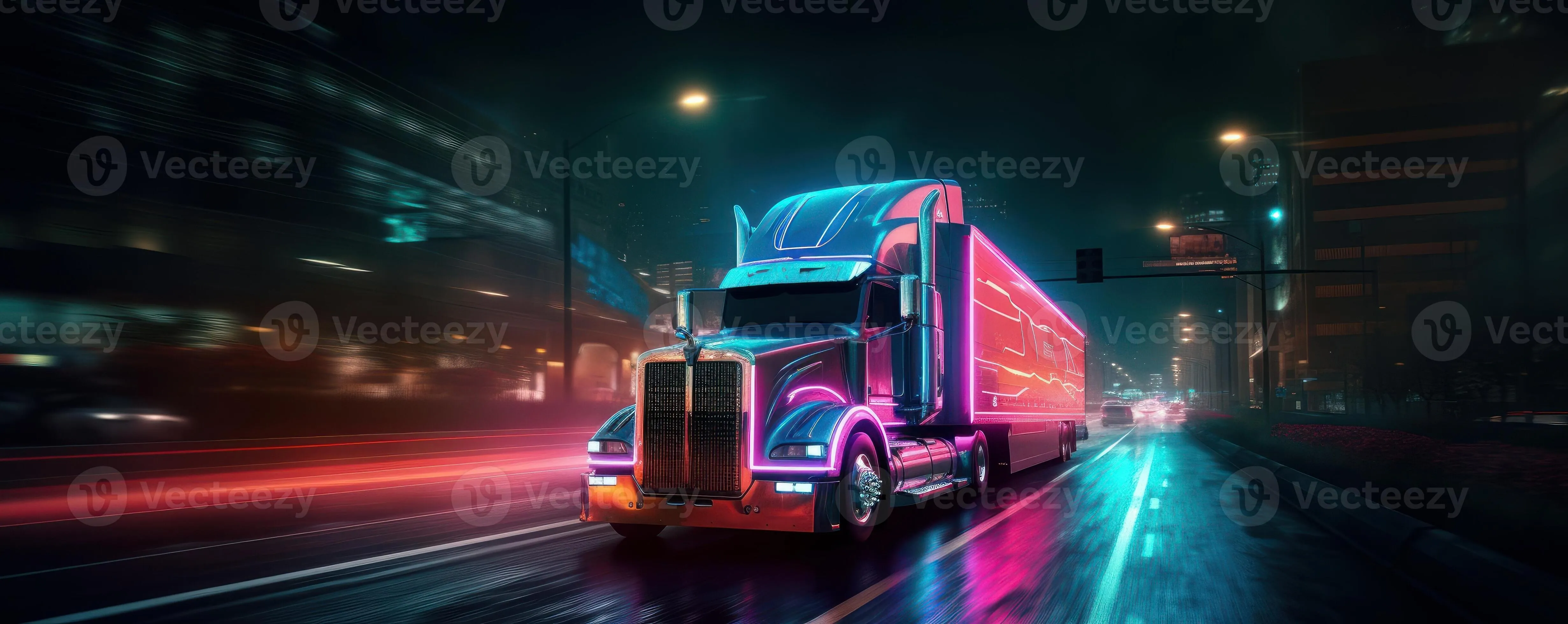 Truck with cargo driving on the road at night with neon lights and cityscape motion blur background