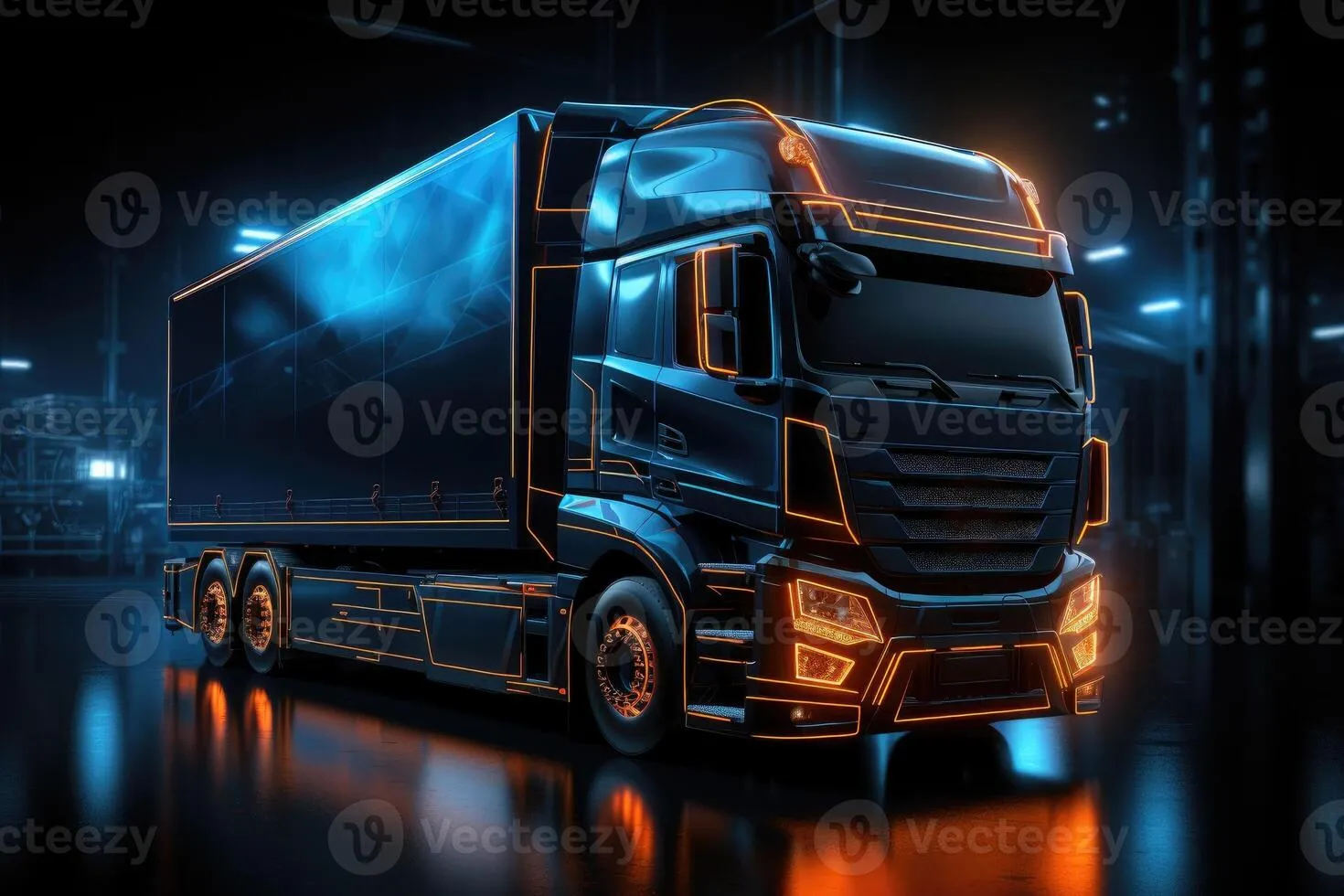Truck with futuristic holographic display and neon lights. Freight shipping international industry