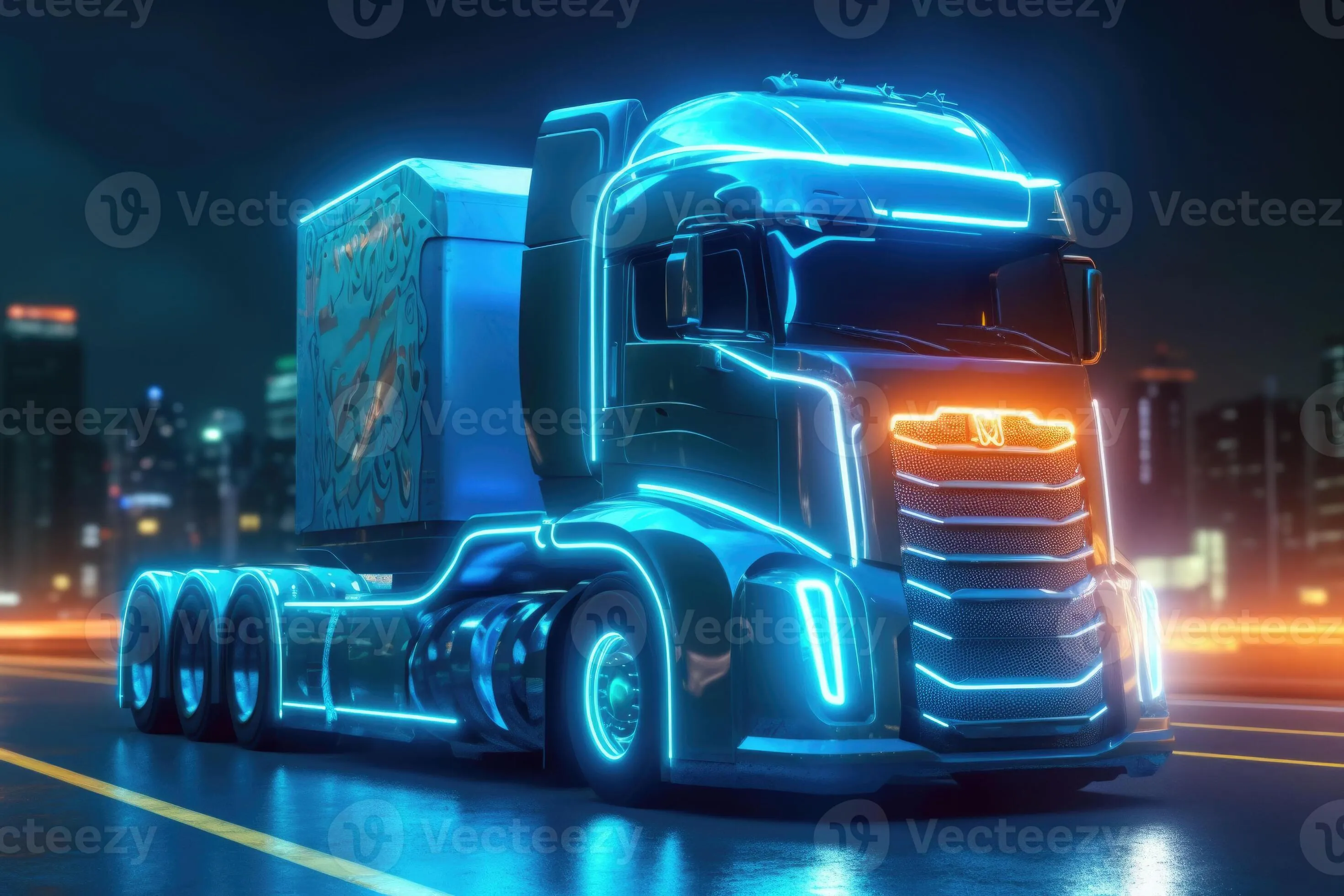 Electric truck in a futuristic environment. Truck with neon lights