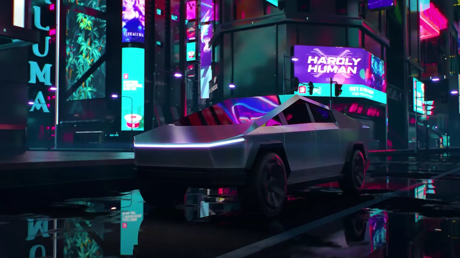 Cybertruck Under City Lights Live Wallpaper 4K Neon City