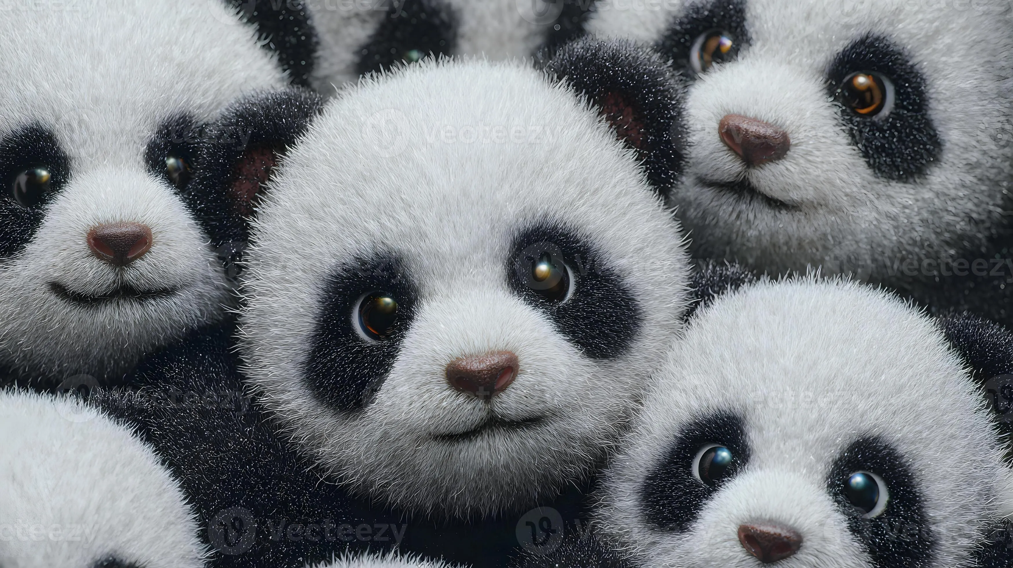 Close Up Of Adorable Baby Pandas With Big Eyes Against A Dark Background