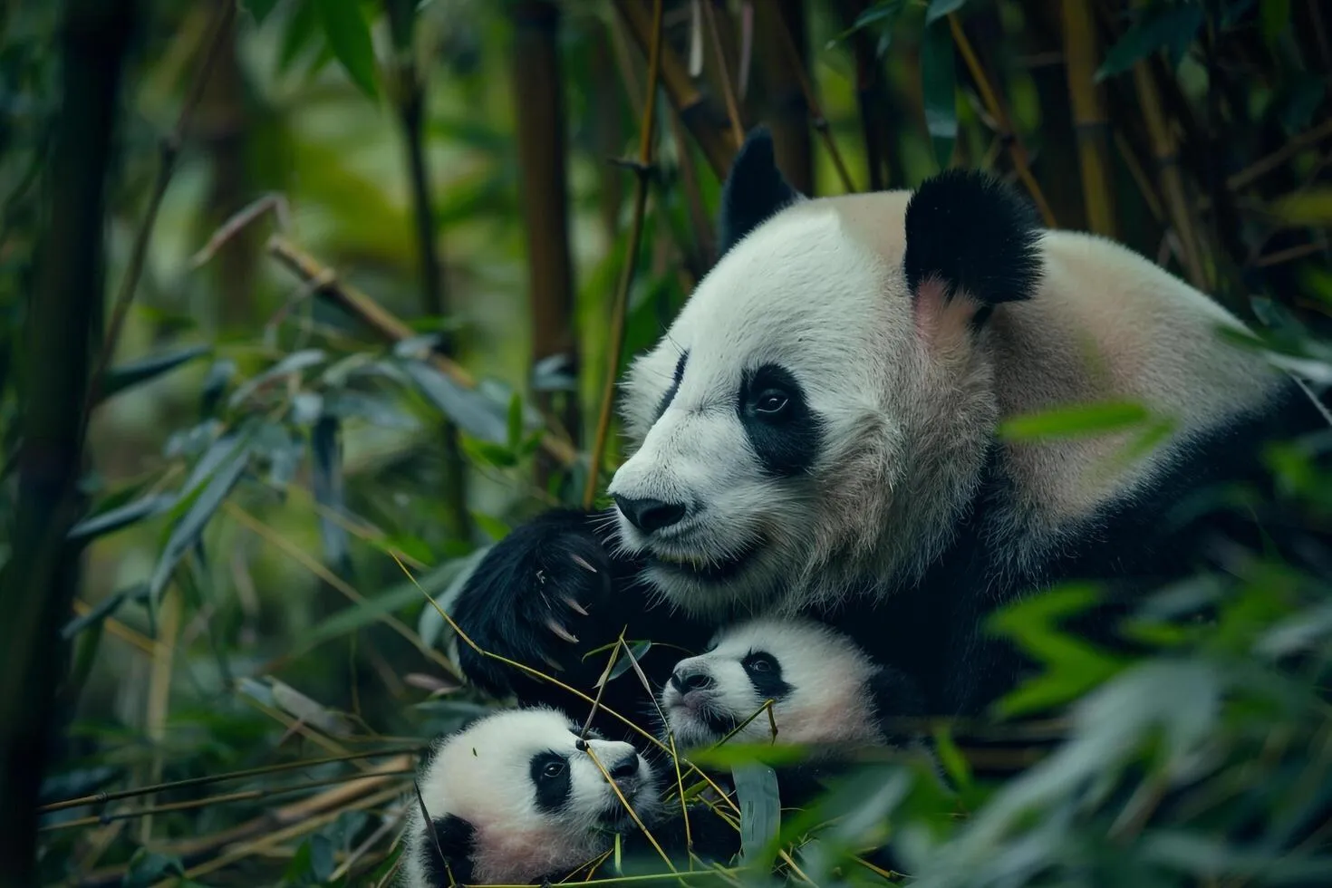 Panda bear with her cubs in the bamboo forest background