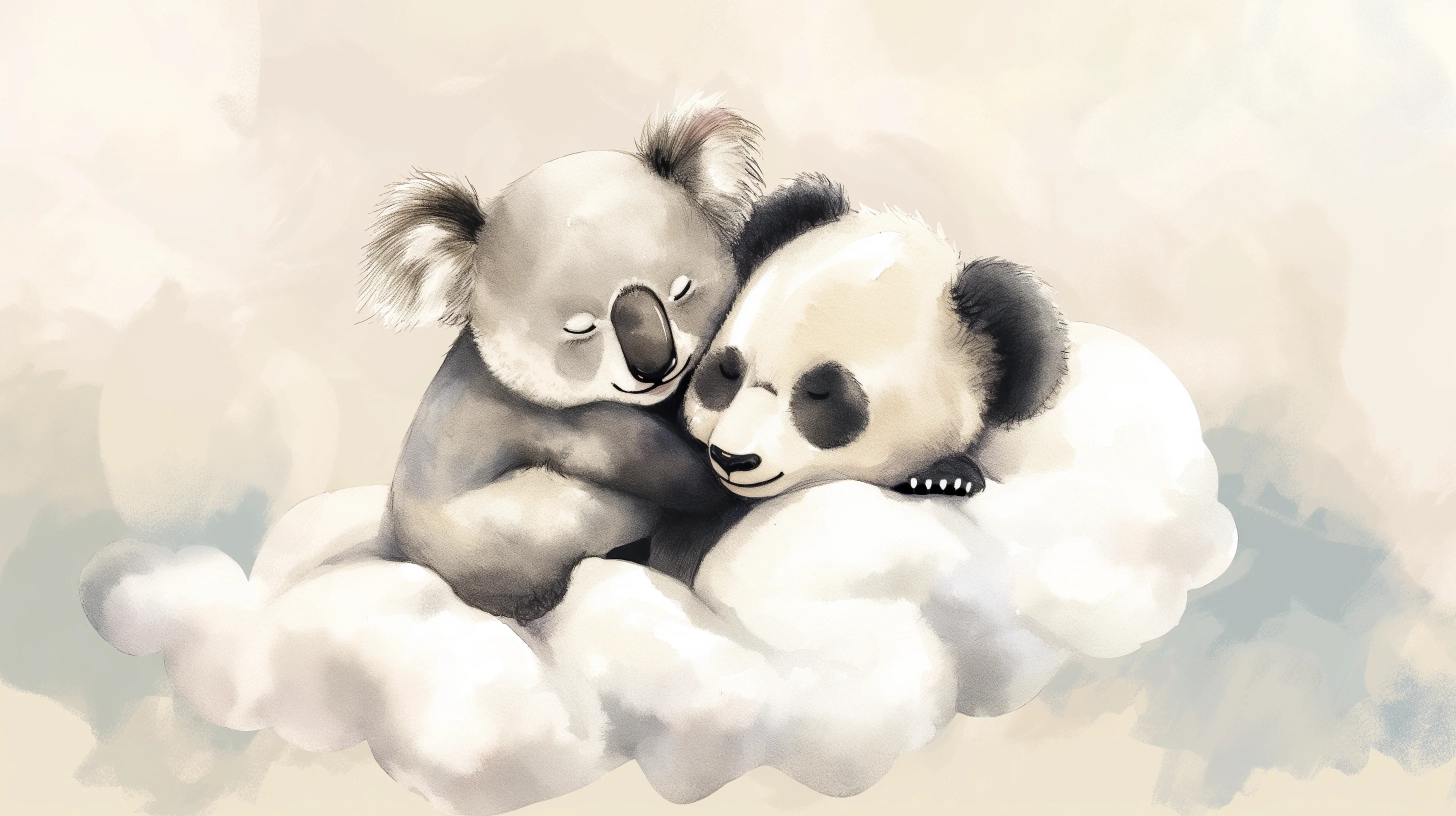 Kids room wallpaper. Adorable koala and panda in the clouds
