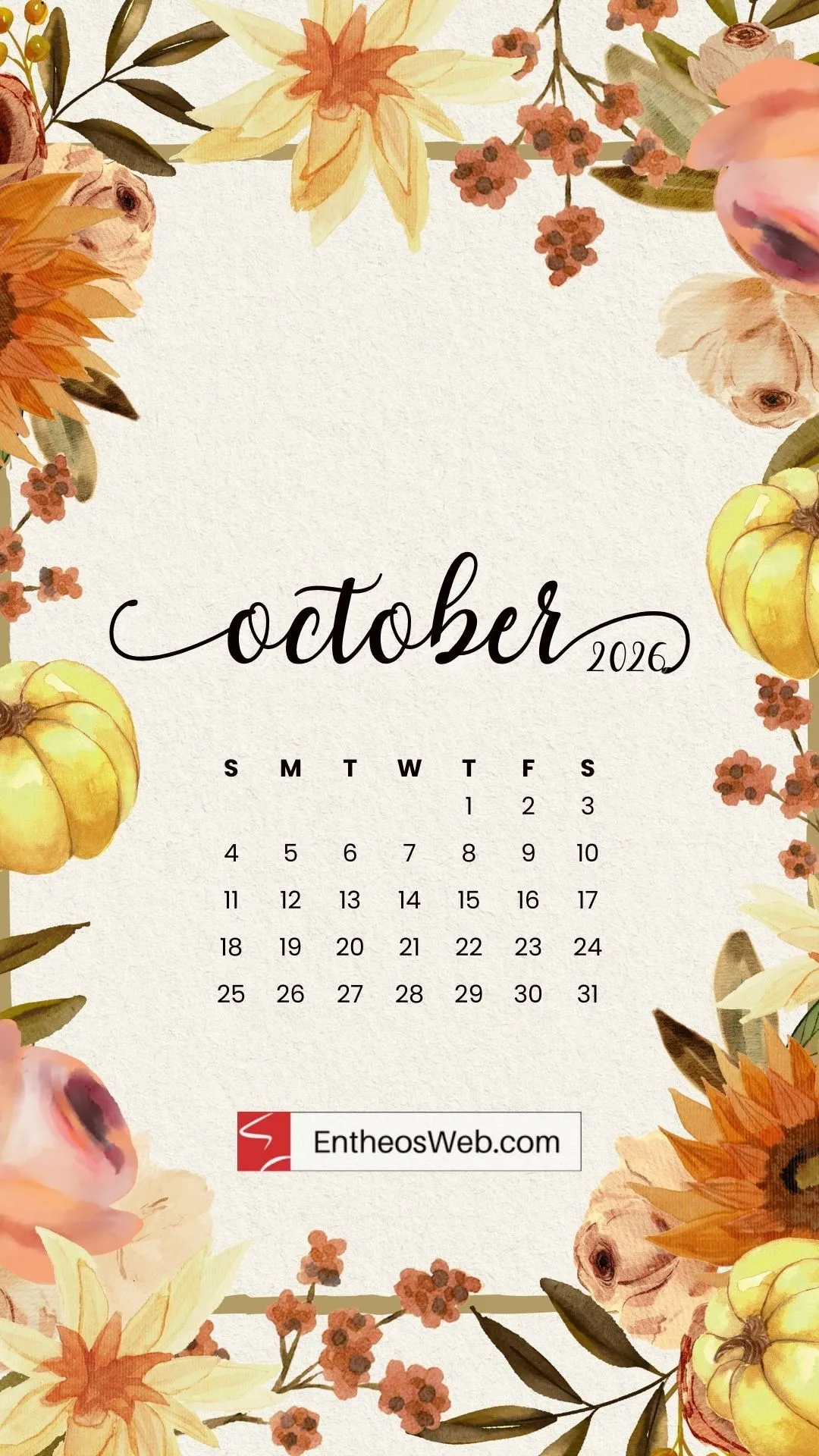 October 2026 Calendar Phone Wallpaper
