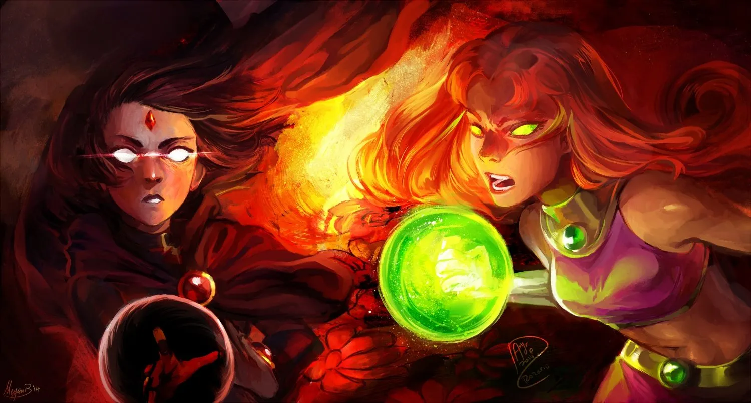 Desktop wallpaper: Teen Titans, Starfire (Dc Comics), Raven (Dc Comics), Comics, Belt, Glowing Eyes, Green Eyes, Long Hair, White Eyes 4K free download for PC. 351039
