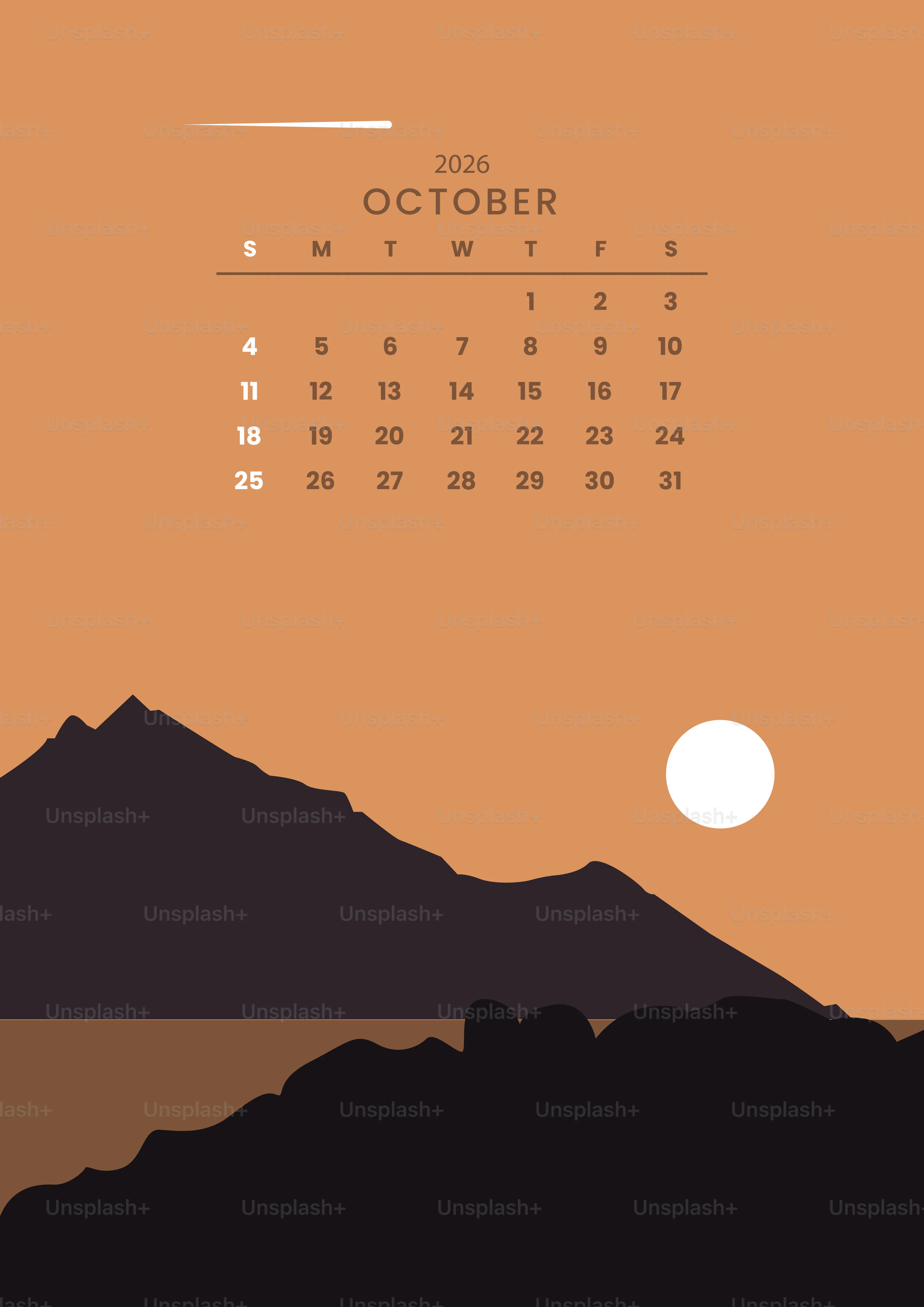 October 2026 calendar over mountain landscape Illustration+