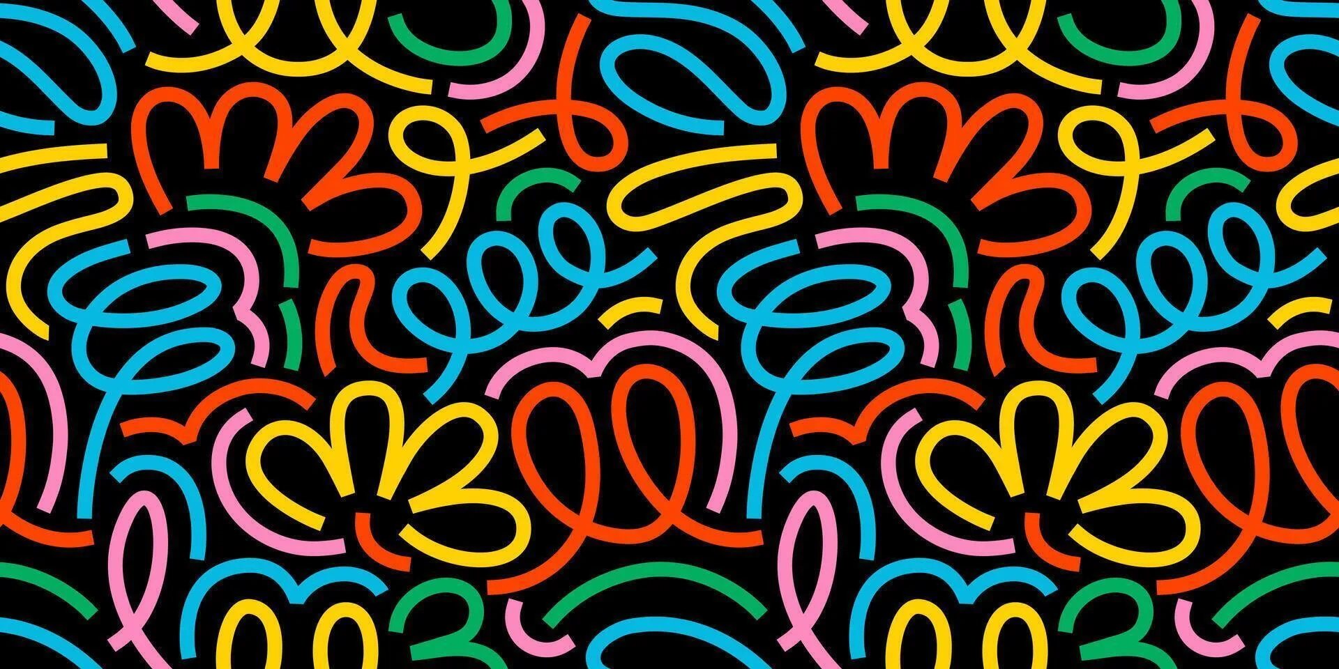 Colorful line doodle seamless pattern on dark background. Rainbow brush strokes. Creative abstract art background for festive celebration design. Simple childish scribble wallpaper print texture
