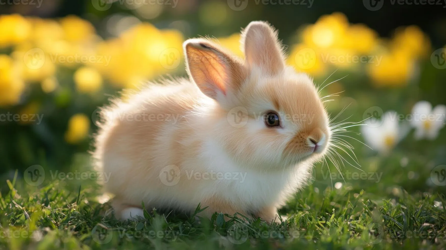 Adorable baby bunny in a field of flowers