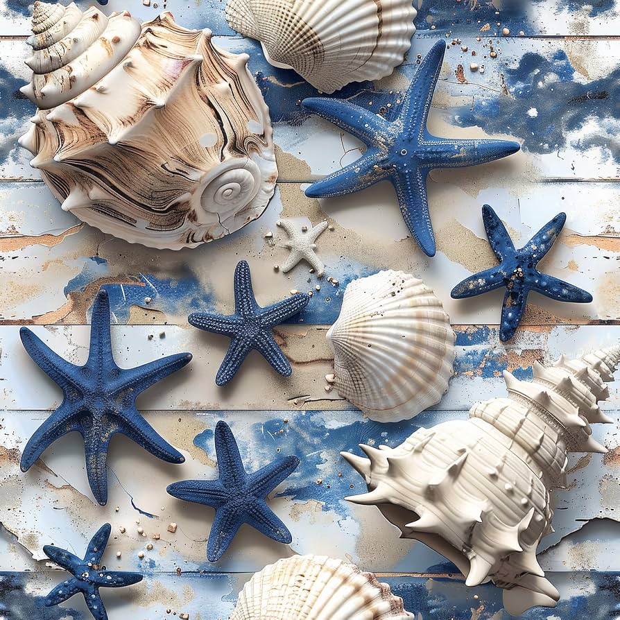 FLFK Seashell Ocean Wallpaper Peel and Stick Blue Starfish Wall Paper Renter Friendly Removable Wallpaper for Kitchen Dining Room Shelf Cabinet Drawers 16 x 128