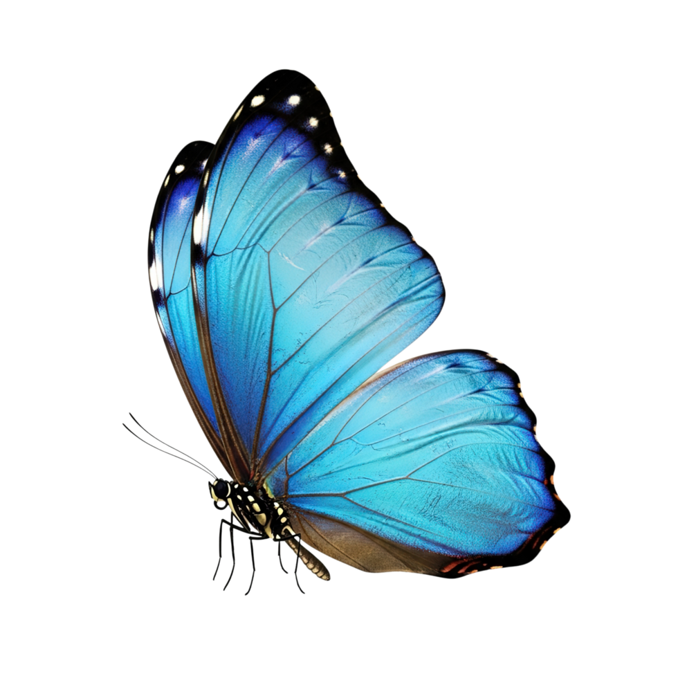 Vibrant blue morpho butterfly with intricate wing patterns isolated on transparent background PNG